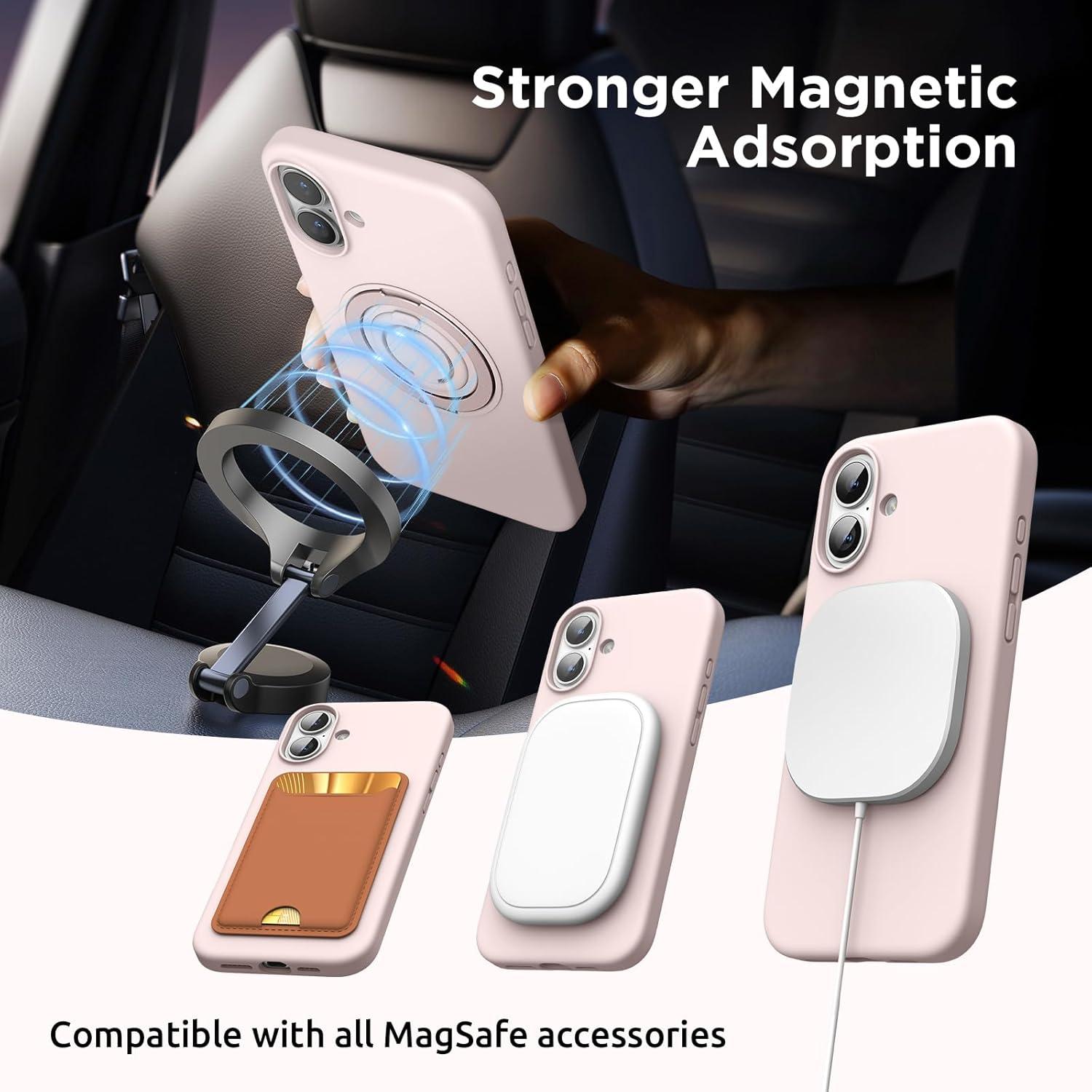 imageSURPHY 360 Magnetic Stand for iPhone 16 Case with Finger Ring Compatible with MagSafe with Screen Protector Ring Stand and Finger Phone Case for 16 61 inch 2024 Frosted BlackLight Pink