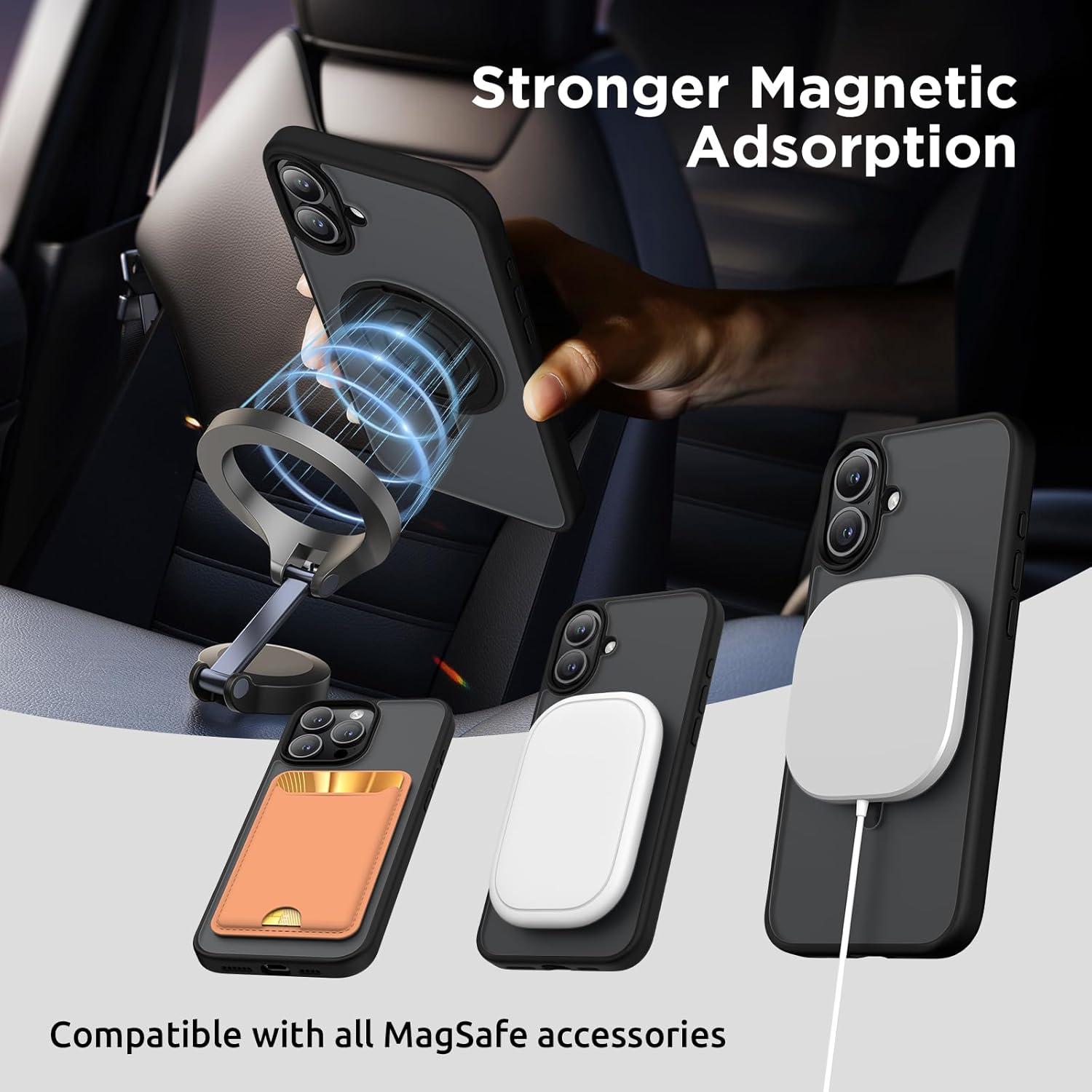 imageSURPHY 360 Magnetic Stand for iPhone 16 Case with Finger Ring Compatible with MagSafe with Screen Protector Ring Stand and Finger Phone Case for 16 61 inch 2024 Frosted BlackFrosted Black