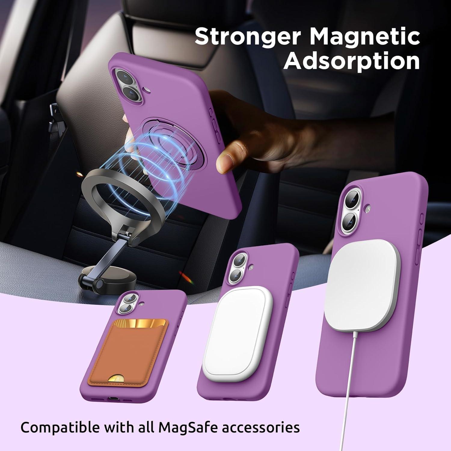 imageSURPHY 360 Magnetic Stand for iPhone 16 Plus Case with Finger Ring Compatible with MagSafe with Screen Protector Ring Stand and Finger Phone Case for 16 Plus 67 inch 2024 Frosted BlackOrchid Purple