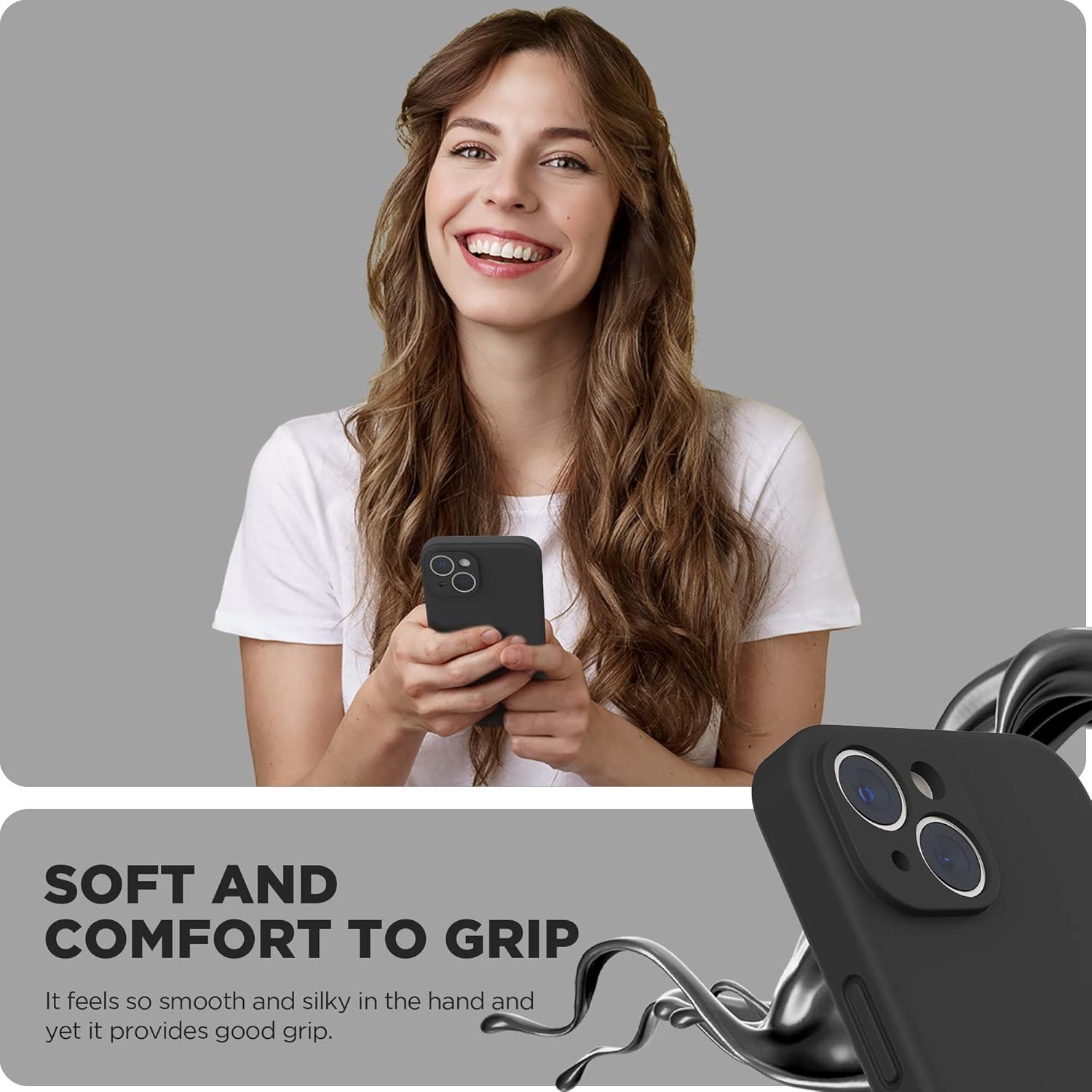 imageSURPHY Case for iPhone 14 Plus Case with Screen Protector and Camera Protection Liquid Silicone Phone Case with Soft Microfiber Lining Pink SandBlack