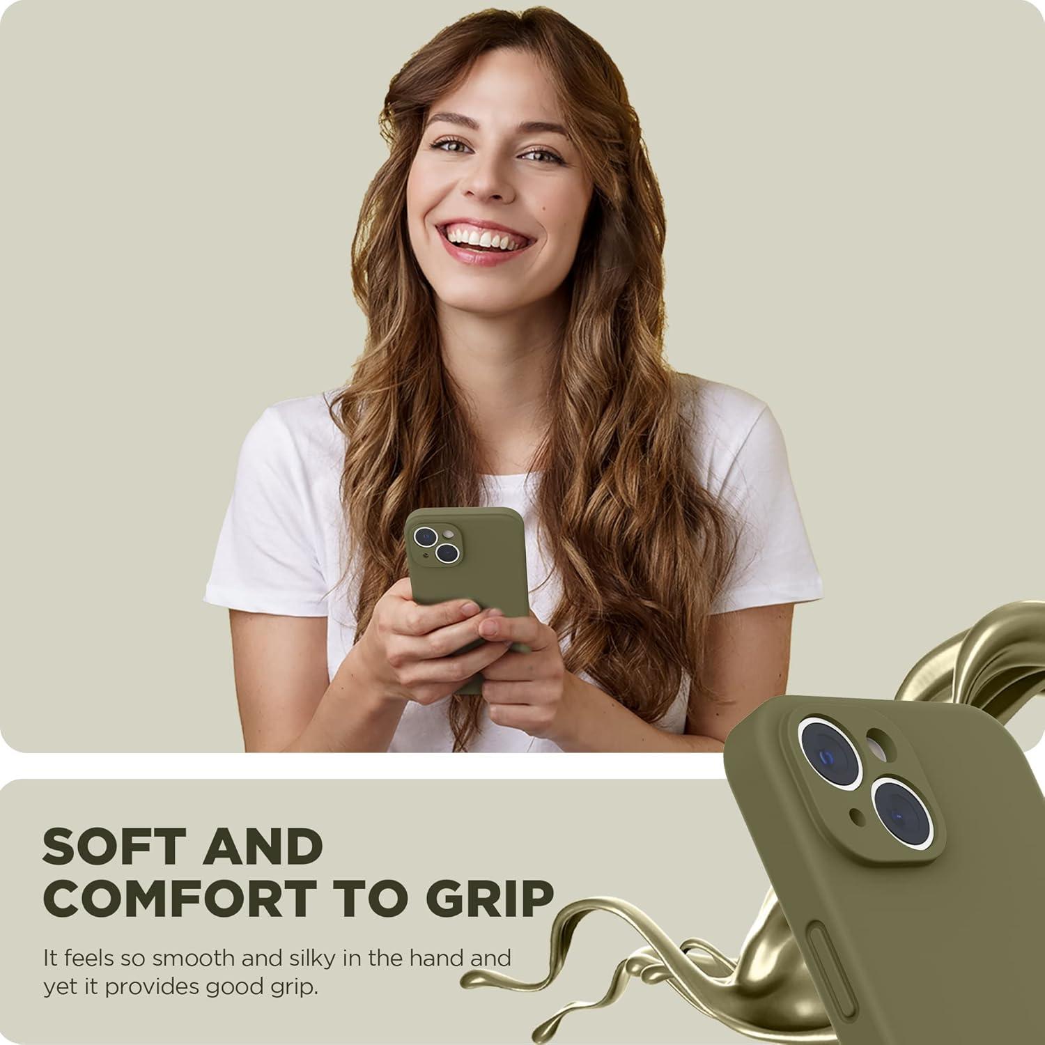 imageSURPHY Case for iPhone 14 Plus Case with Screen Protector and Camera Protection Liquid Silicone Phone Case with Soft Microfiber Lining Pink SandKhaki Green