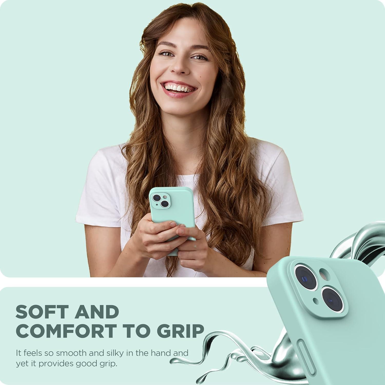 imageSURPHY Case for iPhone 14 Plus Case with Screen Protector and Camera Protection Liquid Silicone Phone Case with Soft Microfiber Lining Pink SandMint Green