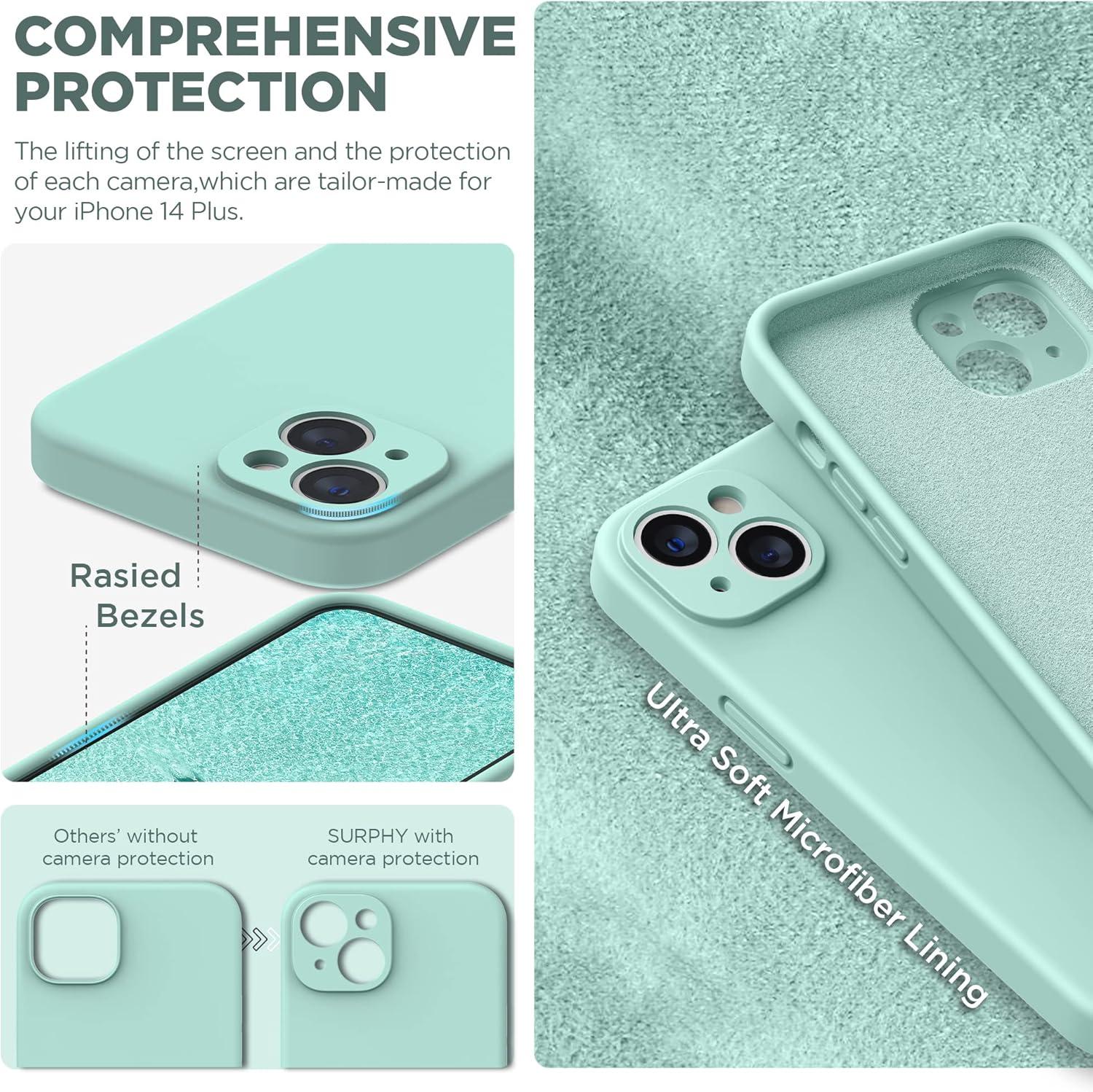 imageSURPHY Case for iPhone 14 Plus Case with Screen Protector and Camera Protection Liquid Silicone Phone Case with Soft Microfiber Lining Pink SandMint Green