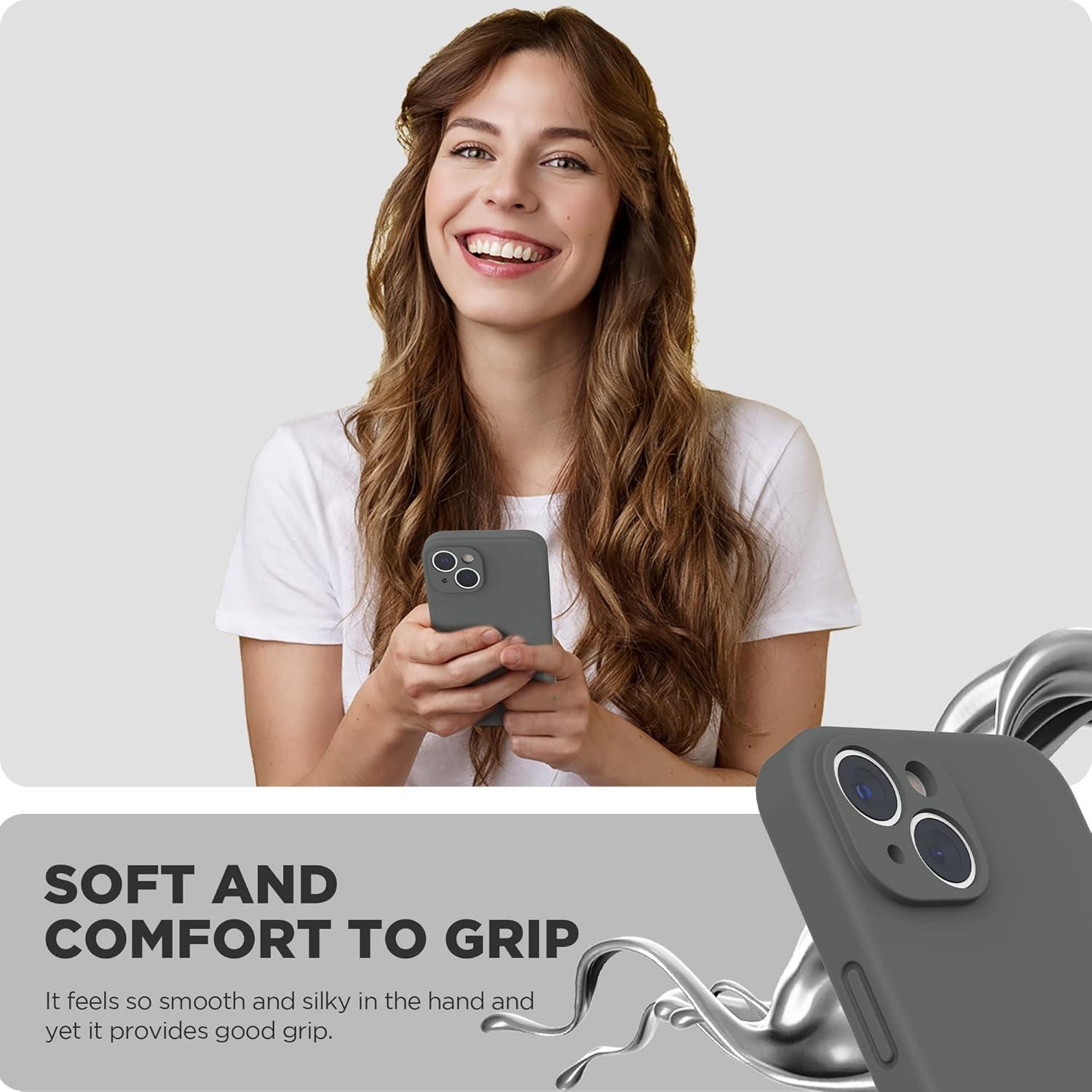 imageSURPHY Case for iPhone 14 Plus Case with Screen Protector and Camera Protection Liquid Silicone Phone Case with Soft Microfiber Lining Pink SandSpace Gray