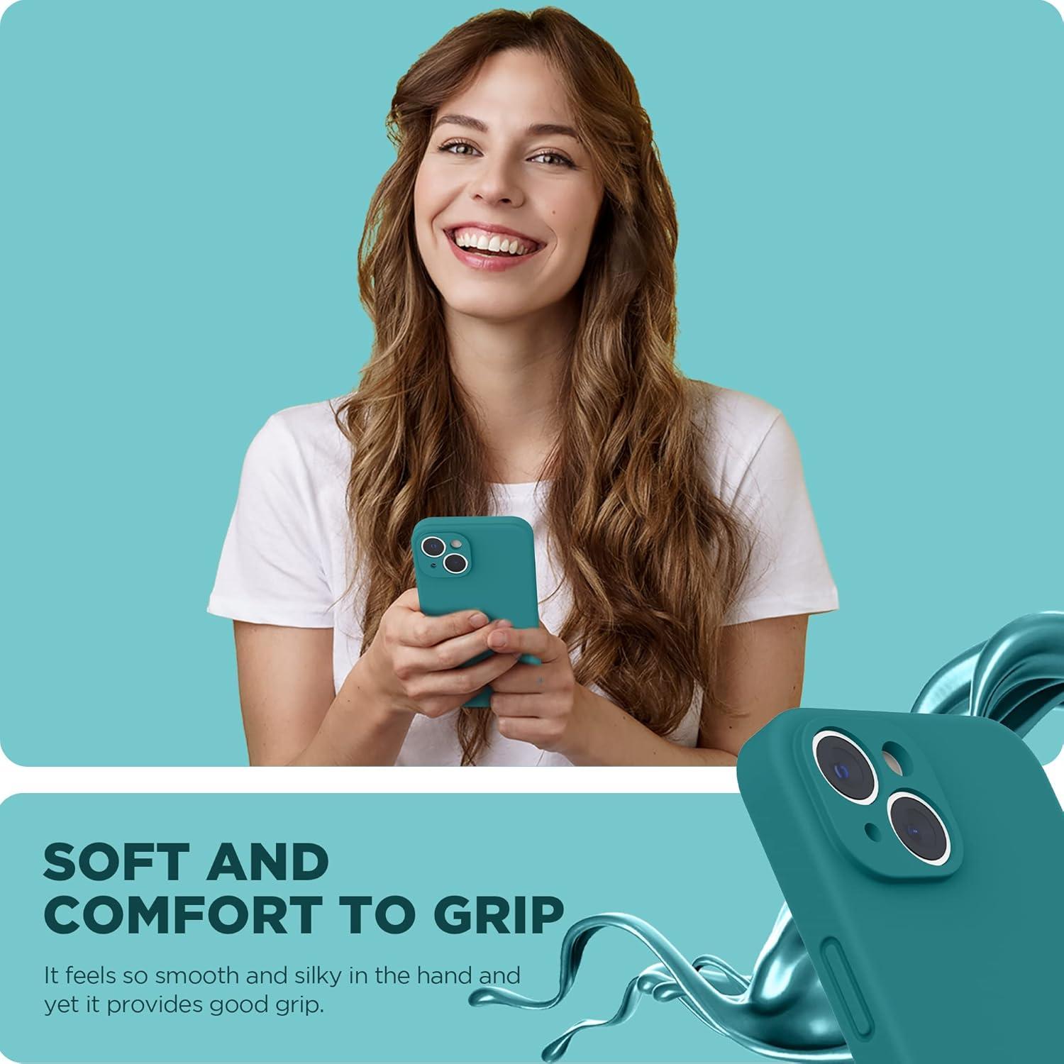 imageSURPHY Case for iPhone 14 Plus Case with Screen Protector and Camera Protection Liquid Silicone Phone Case with Soft Microfiber Lining Pink SandTeal Blue