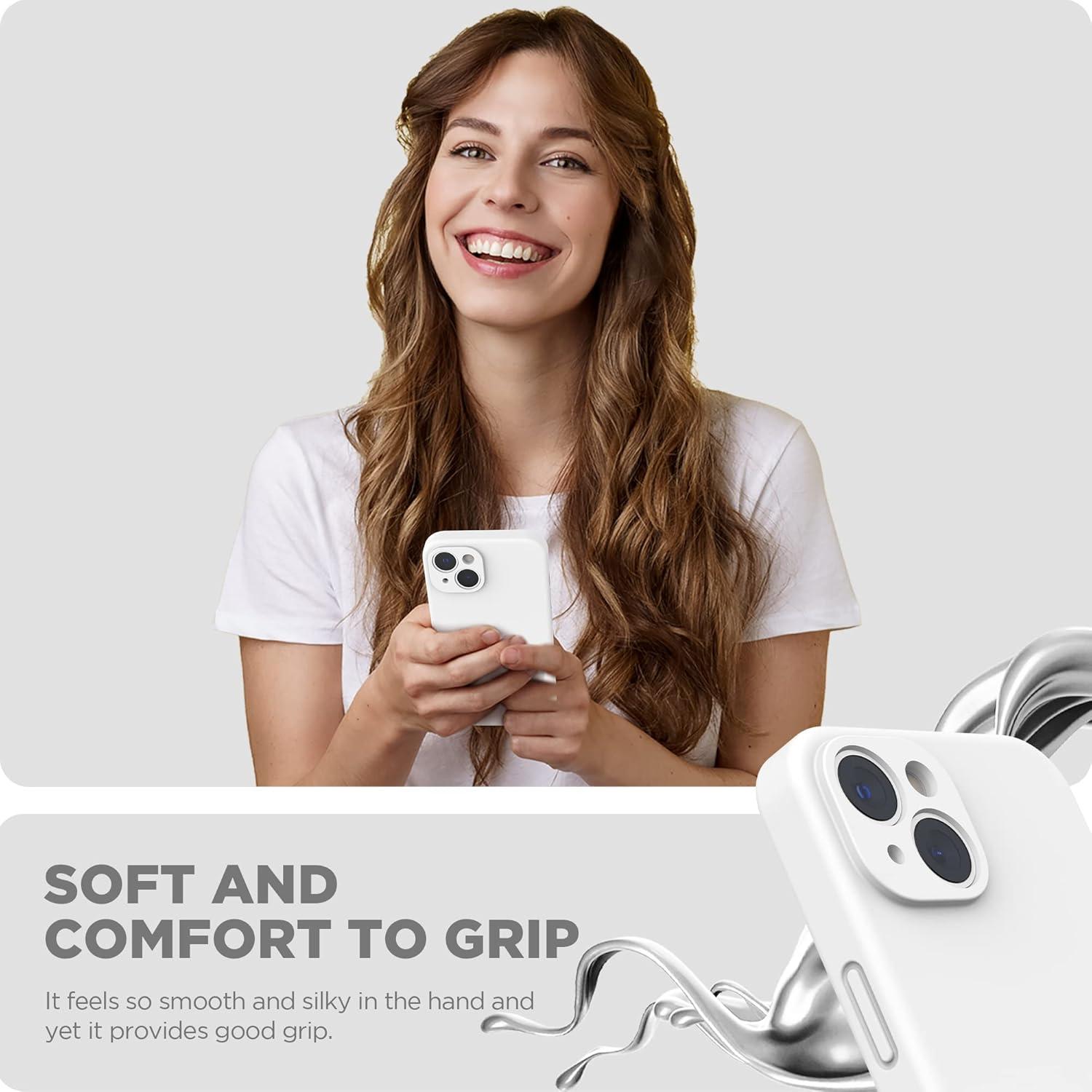 imageSURPHY Case for iPhone 14 Plus Case with Screen Protector and Camera Protection Liquid Silicone Phone Case with Soft Microfiber Lining Pink SandWhite