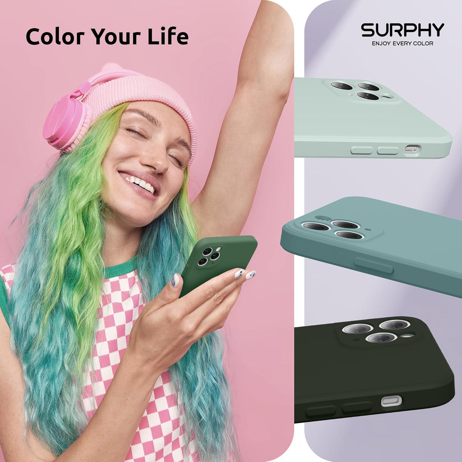 imageSURPHY Design for iPhone 11 Pro Max Case with Camera Protection Straight Edge Design Liquid Silicone Slim Case Light PinkClover Green