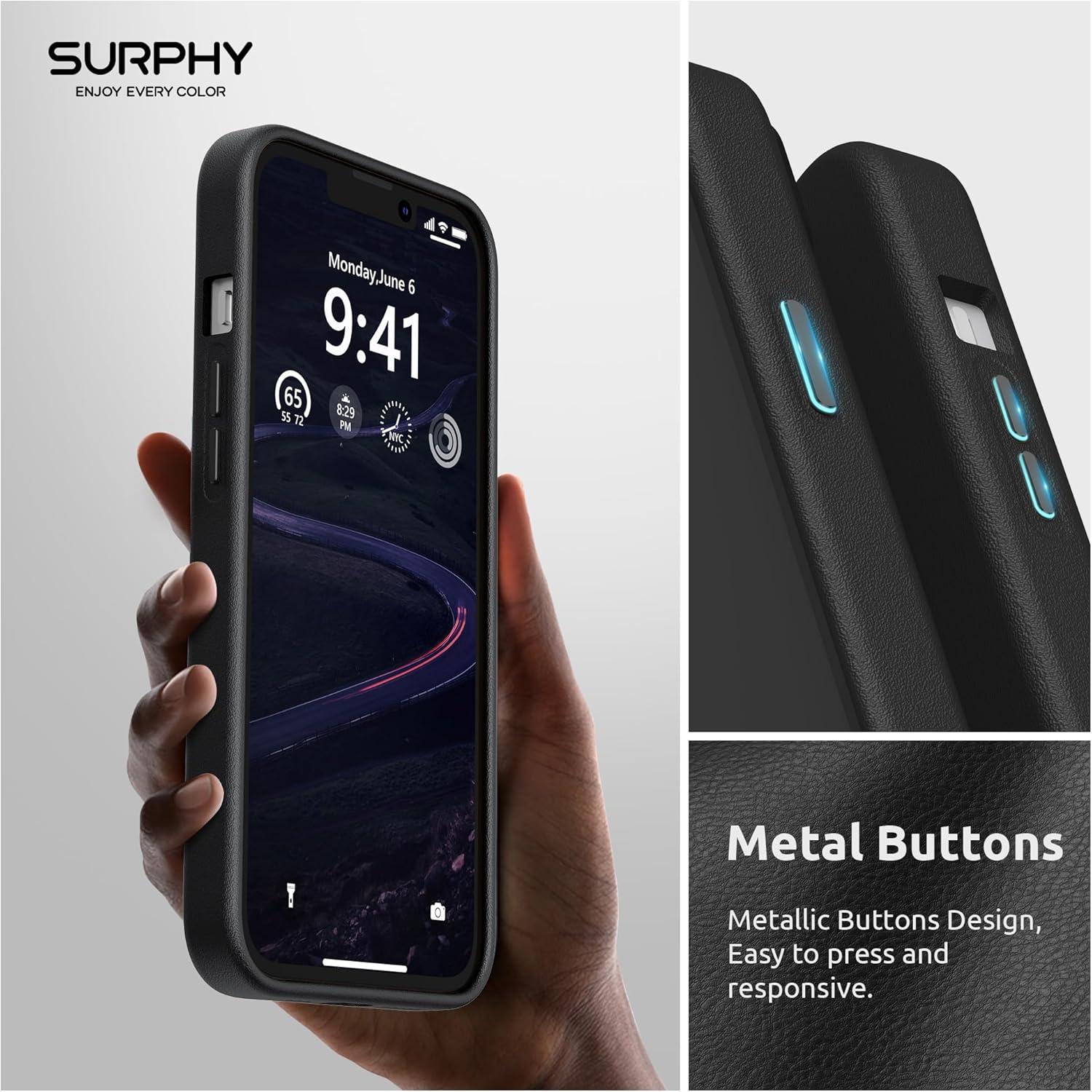 imageSURPHY Designed for Faux Leather iPhone 14 Case with Screen Protector 61 inch Metallic Buttons ampamp Microfiber Lining Leather Phone Case for 14 BrownBlack