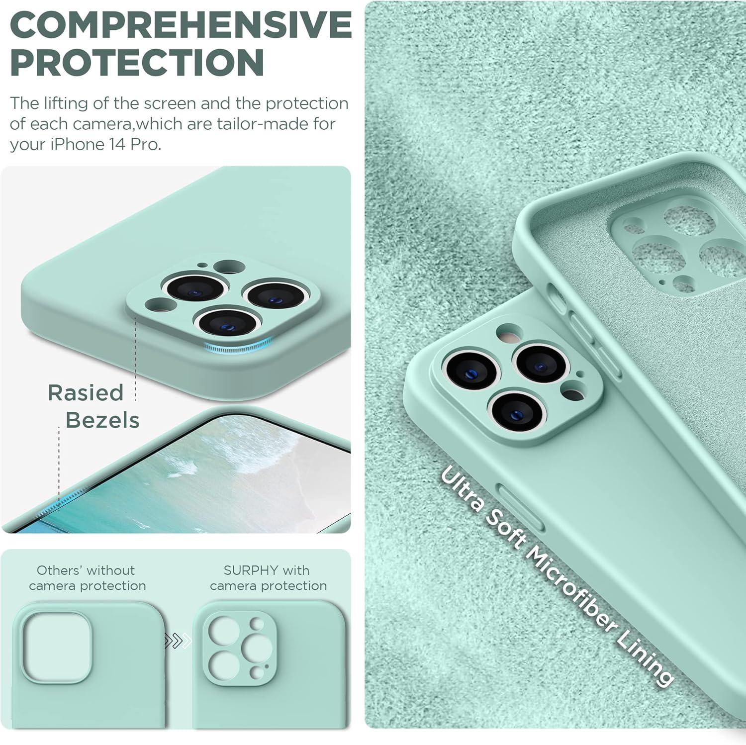 imageSURPHY Designed for iPhone 14 Pro Case with Screen Protector Camera Protection ampamp Soft Microfiber Lining Liquid Silicone Phone Case Cloud BlueMint Green