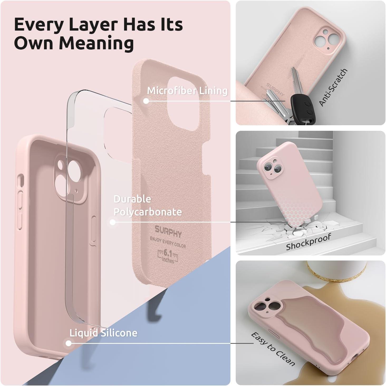 imageSURPHY Designed for iPhone 15 Case with Screen Protector and Lanyard Phone Strap and Liquid Silicone Phone Case Camera Protective ampamp Soft Microfiber Lining 61 inch 2023 Lilac PurplePink Sand