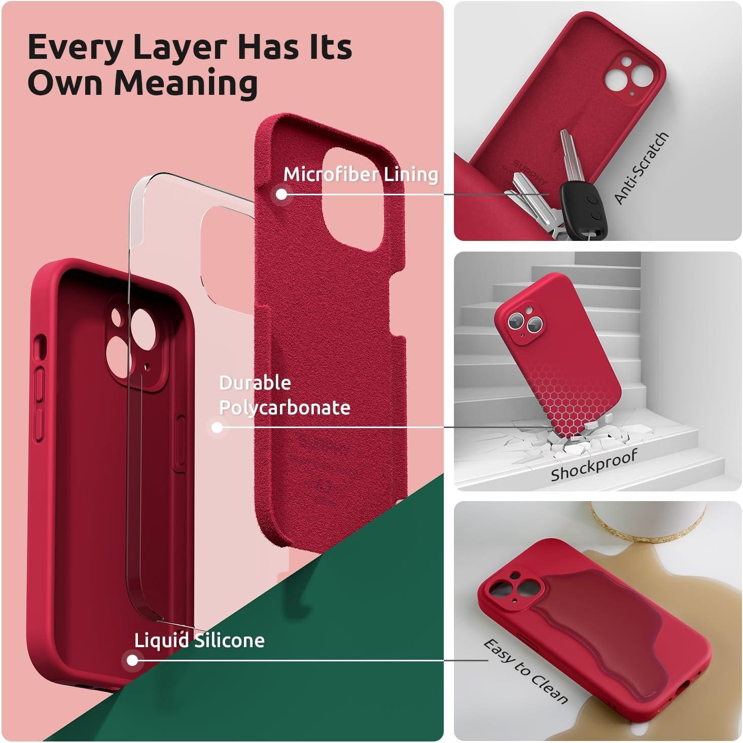 imageSURPHY Designed for iPhone 15 Plus Case with Screen Protector and Lanyard Phone Strap and Liquid Silicone Phone Case Camera Protective ampamp Soft Microfiber Lining 67 inch 2023 BlackRed