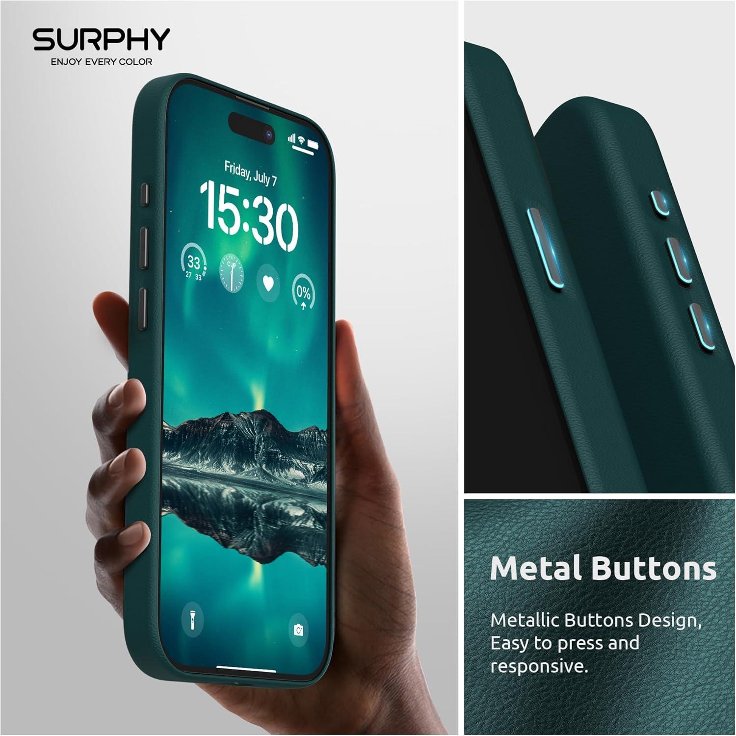 imageSURPHY Designed for iPhone 15 Pro Leather Case with Screen Protector Compatible with MagSafe Faux Leather Case Metallic Buttons ampamp Microfiber Lining for 15 Pro 61 inch 2023 BrownForest Green