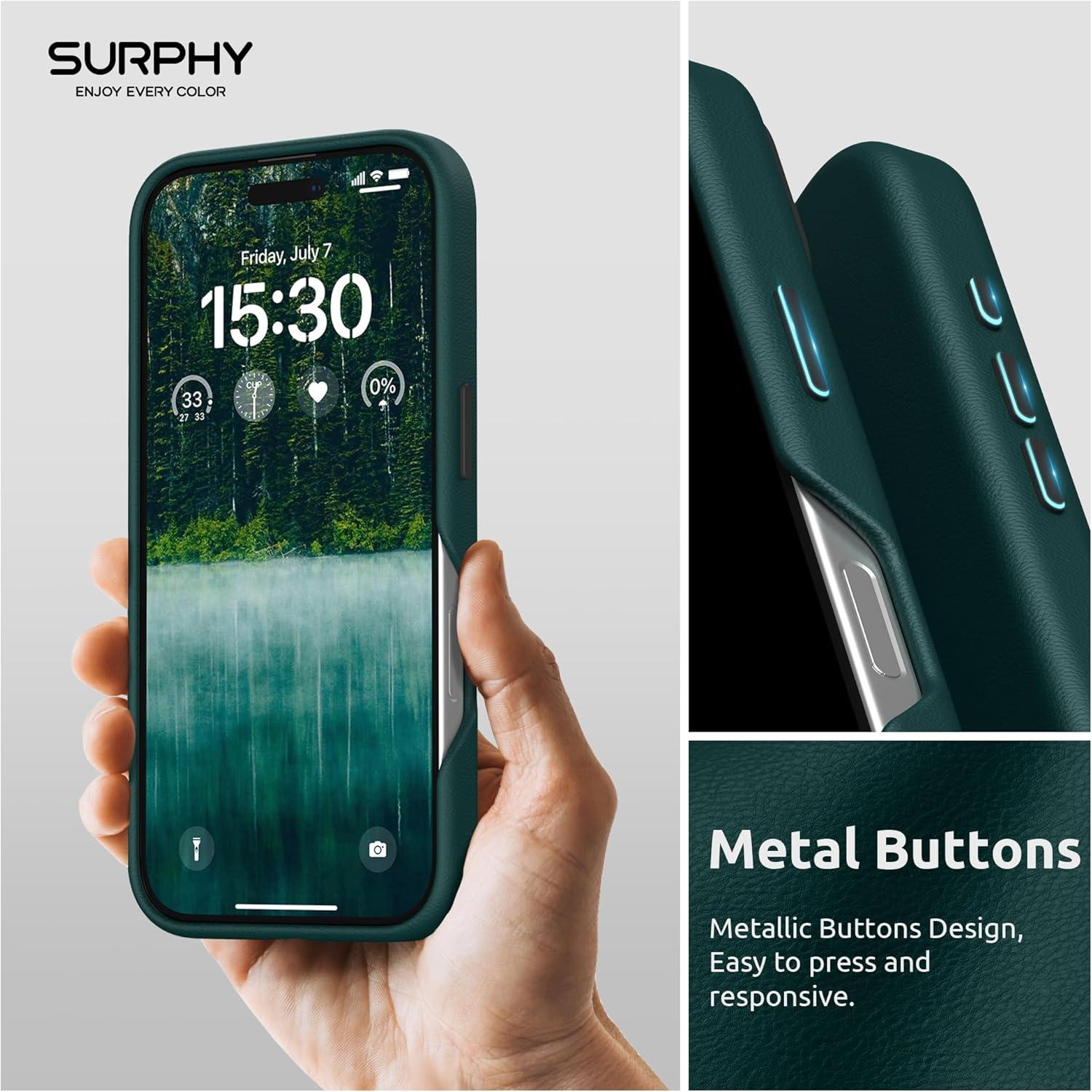 imageSURPHY Designed for iPhone 16 Leather Case with Screen Protector Compatible with MagSafe Faux Leather Phone Case Metallic Buttons Microfiber Lining for 16 61 inch 2024 Forest GreenForest Green