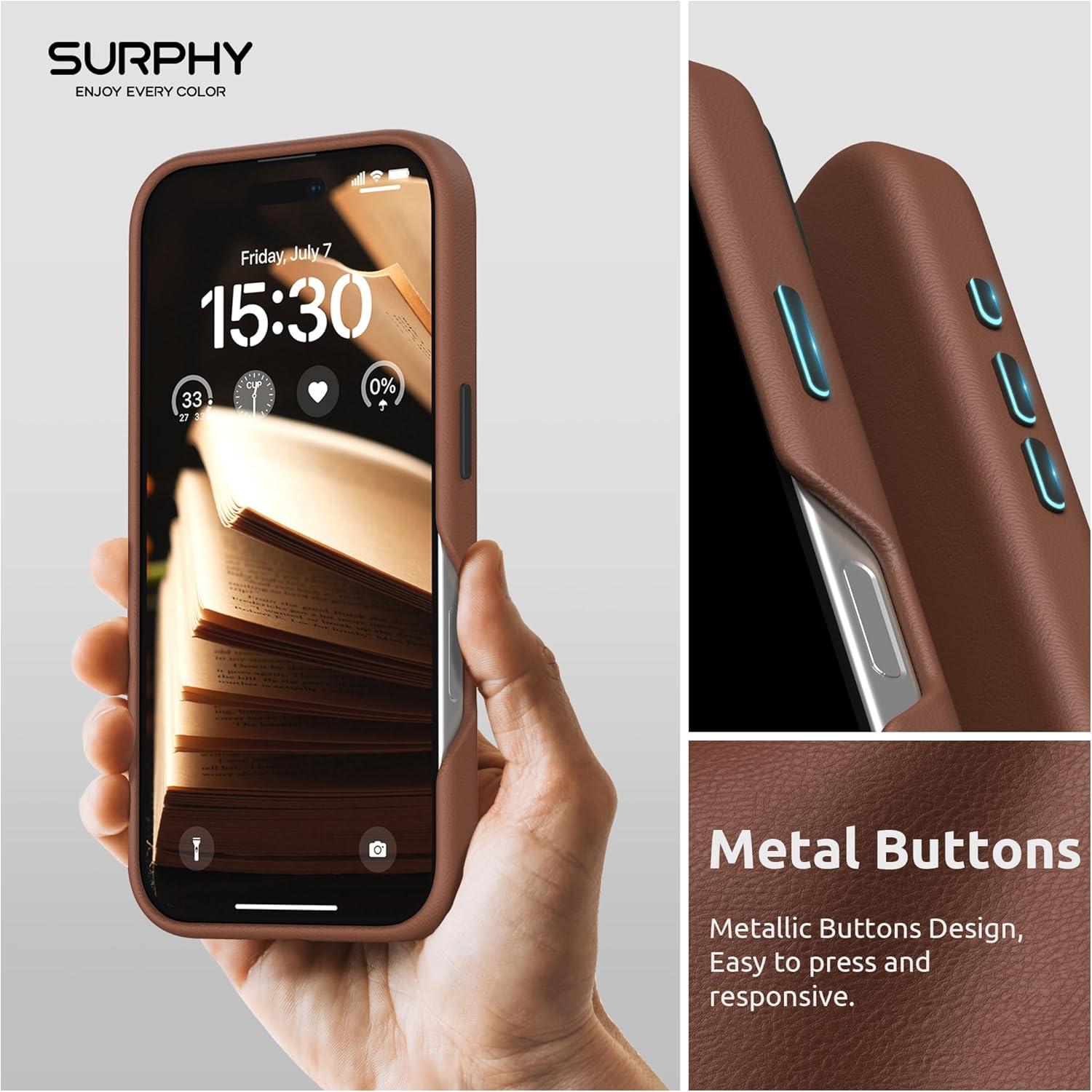 imageSURPHY Designed for iPhone 16 Leather Case with Screen Protector Compatible with MagSafe Faux Leather Phone Case Metallic Buttons Microfiber Lining for 16 61 inch 2024 Forest GreenBrown