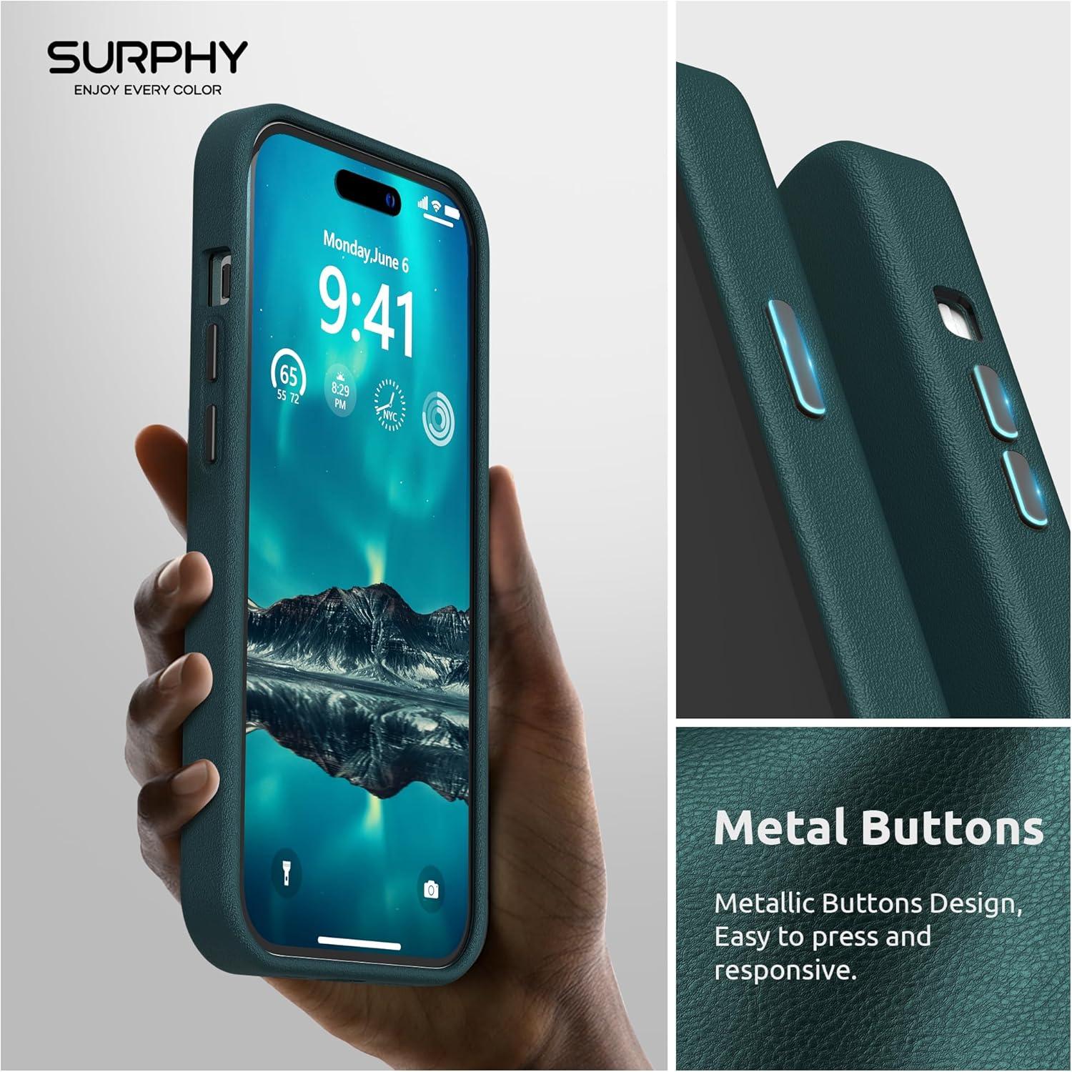 imageSURPHY Faux Leather Designed for iPhone 14 Pro Case with Screen Protector 61 inch Metallic Buttons ampamp Microfiber Lining Leather Phone Case for 14 Pro BrownForest Green