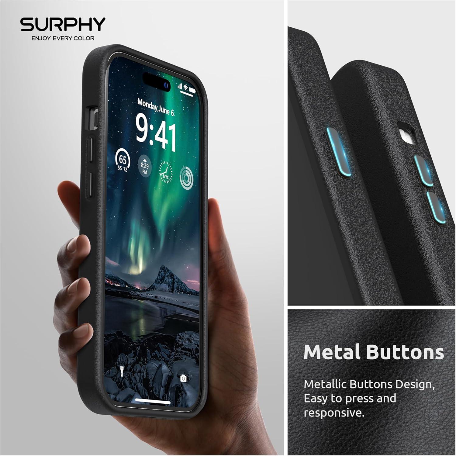 imageSURPHY Faux Leather Designed for iPhone 14 Pro Case with Screen Protector 61 inch Metallic Buttons ampamp Microfiber Lining Leather Phone Case for 14 Pro BrownBlack