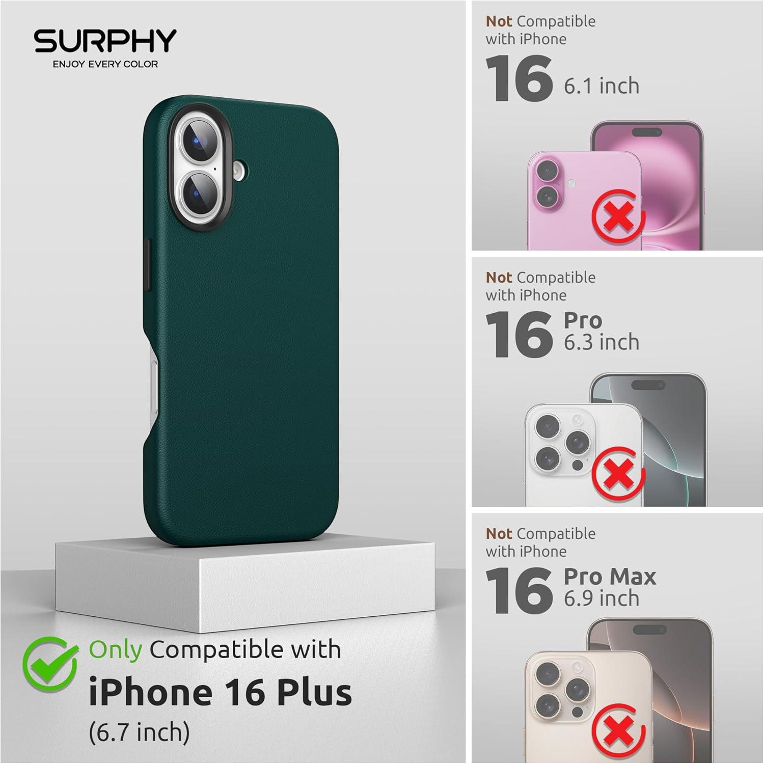 imageSURPHY Leather Case Compatible for iPhone 16 Plus Case with Screen Protector Compatible with MagSafe Faux Leather Phone Case Metallic Buttons Microfiber Lining BlackForest Green