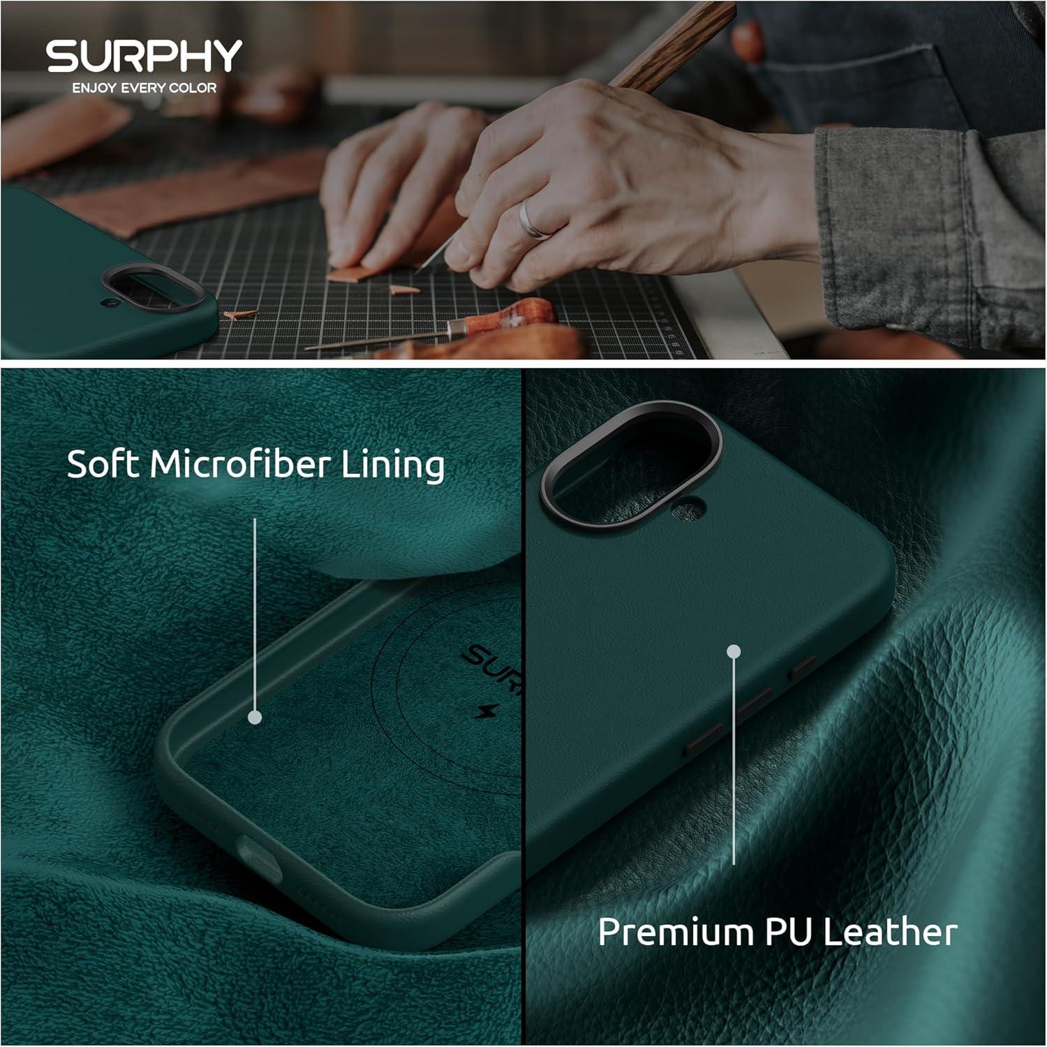 imageSURPHY Leather Case Compatible for iPhone 16 Plus Case with Screen Protector Compatible with MagSafe Faux Leather Phone Case Metallic Buttons Microfiber Lining BlackForest Green