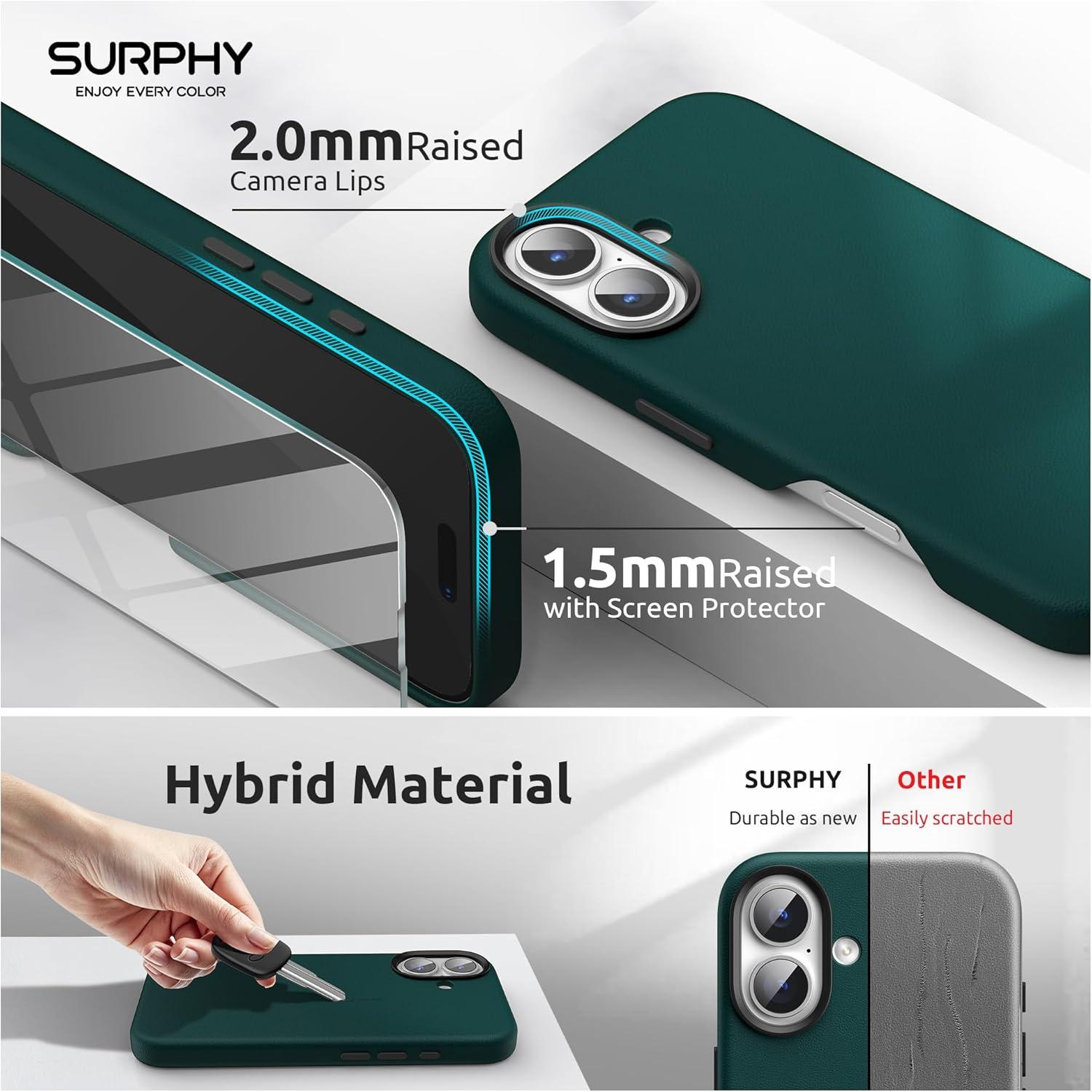 imageSURPHY Leather Case Compatible for iPhone 16 Plus Case with Screen Protector Compatible with MagSafe Faux Leather Phone Case Metallic Buttons Microfiber Lining BlackForest Green