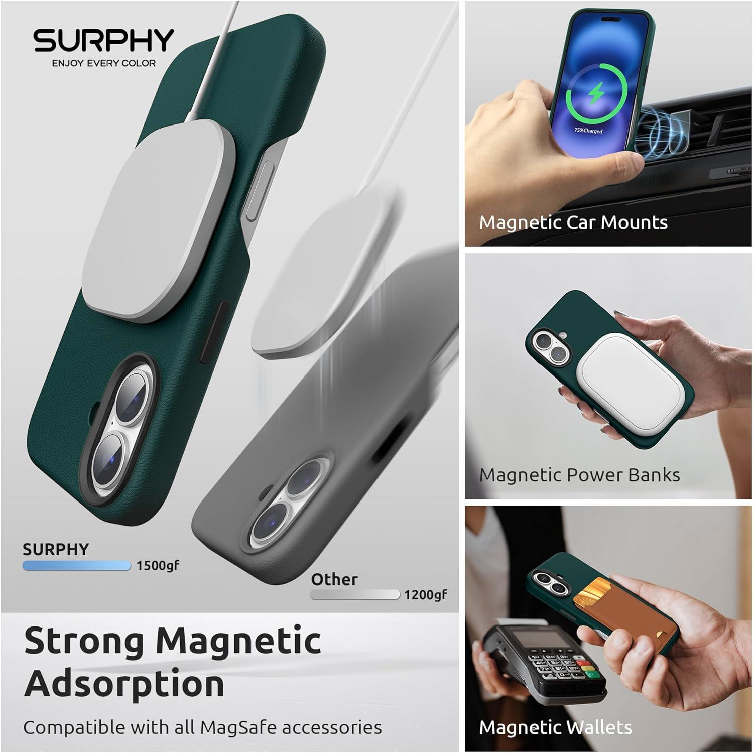 imageSURPHY Leather Case Compatible for iPhone 16 Plus Case with Screen Protector Compatible with MagSafe Faux Leather Phone Case Metallic Buttons Microfiber Lining BlackForest Green
