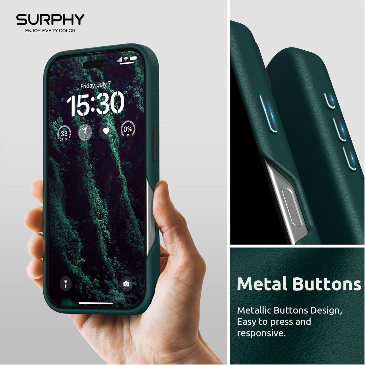 imageSURPHY Leather Case Compatible for iPhone 16 Plus Case with Screen Protector Compatible with MagSafe Faux Leather Phone Case Metallic Buttons Microfiber Lining BlackForest Green
