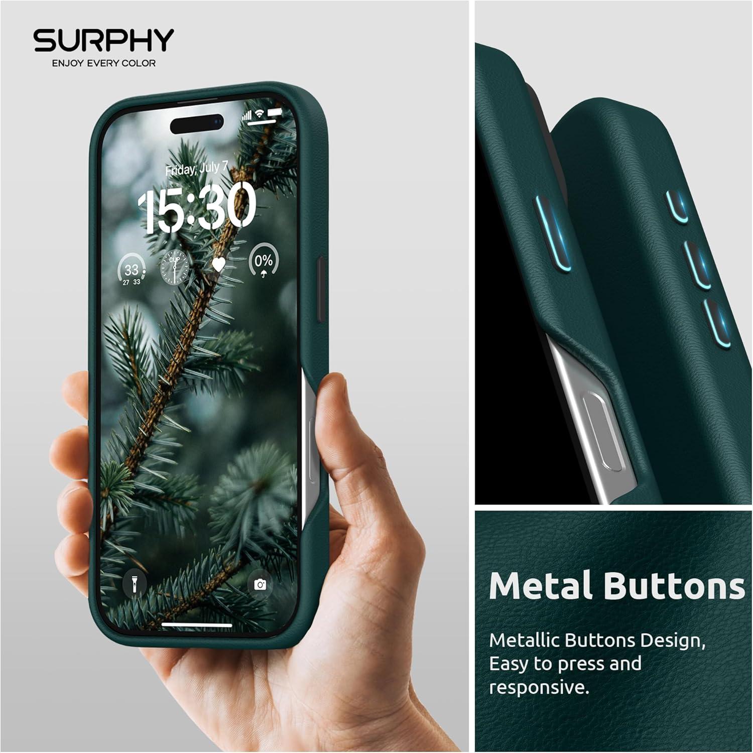 imageSURPHY Leather Case for iPhone 16 Pro Max Compatible with MagSafe Faux Leather Phone Case Metallic Buttons Microfiber Lining for 16 Pro Max 69 inch 2024 BrownForest Green