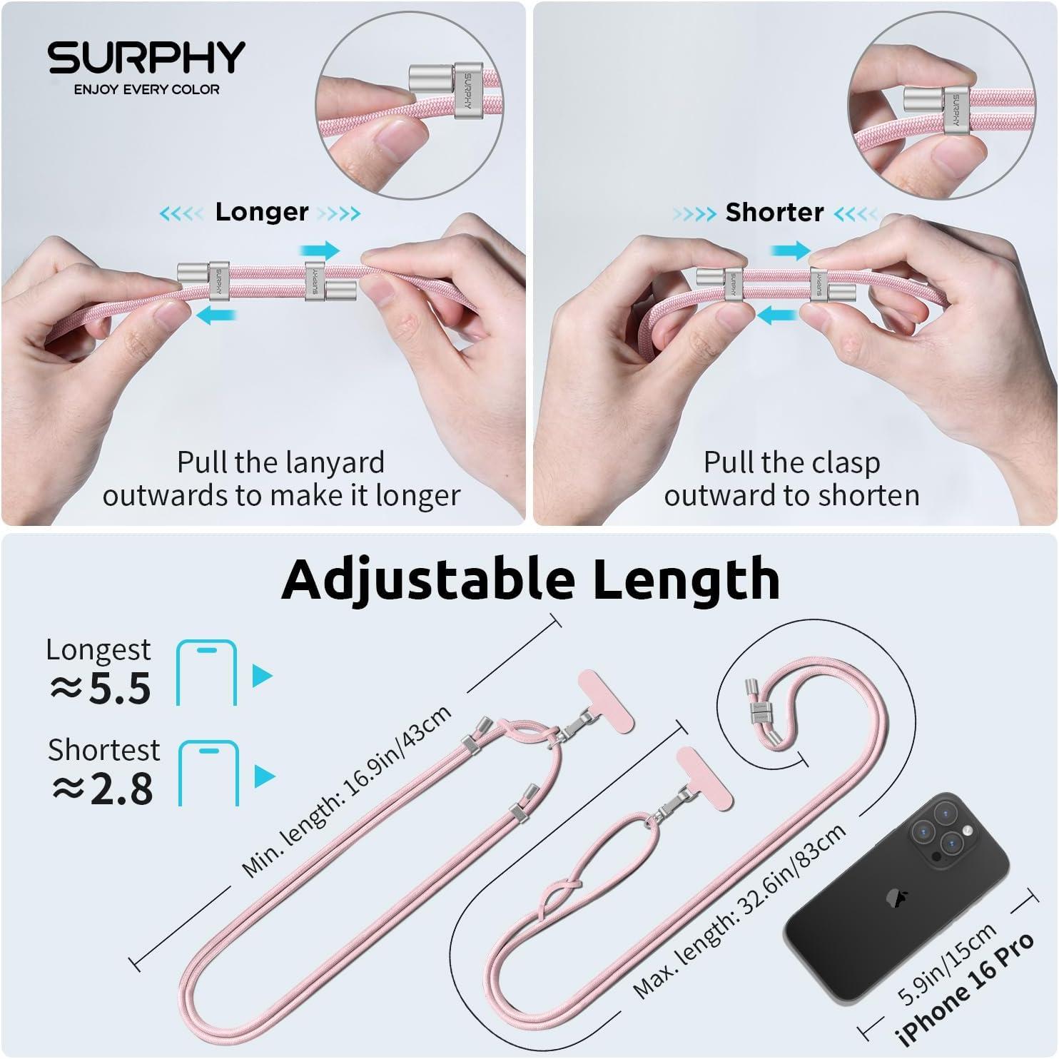 imageSURPHY Phone Lanyard Adjustable Phone Strap Crossbody with 2 Pack Cell Phone Tether Tab Premium Metal Buckles SkinFriendly Universal Cell Phone Lanyard Crossbody for Women and Men BlackPink