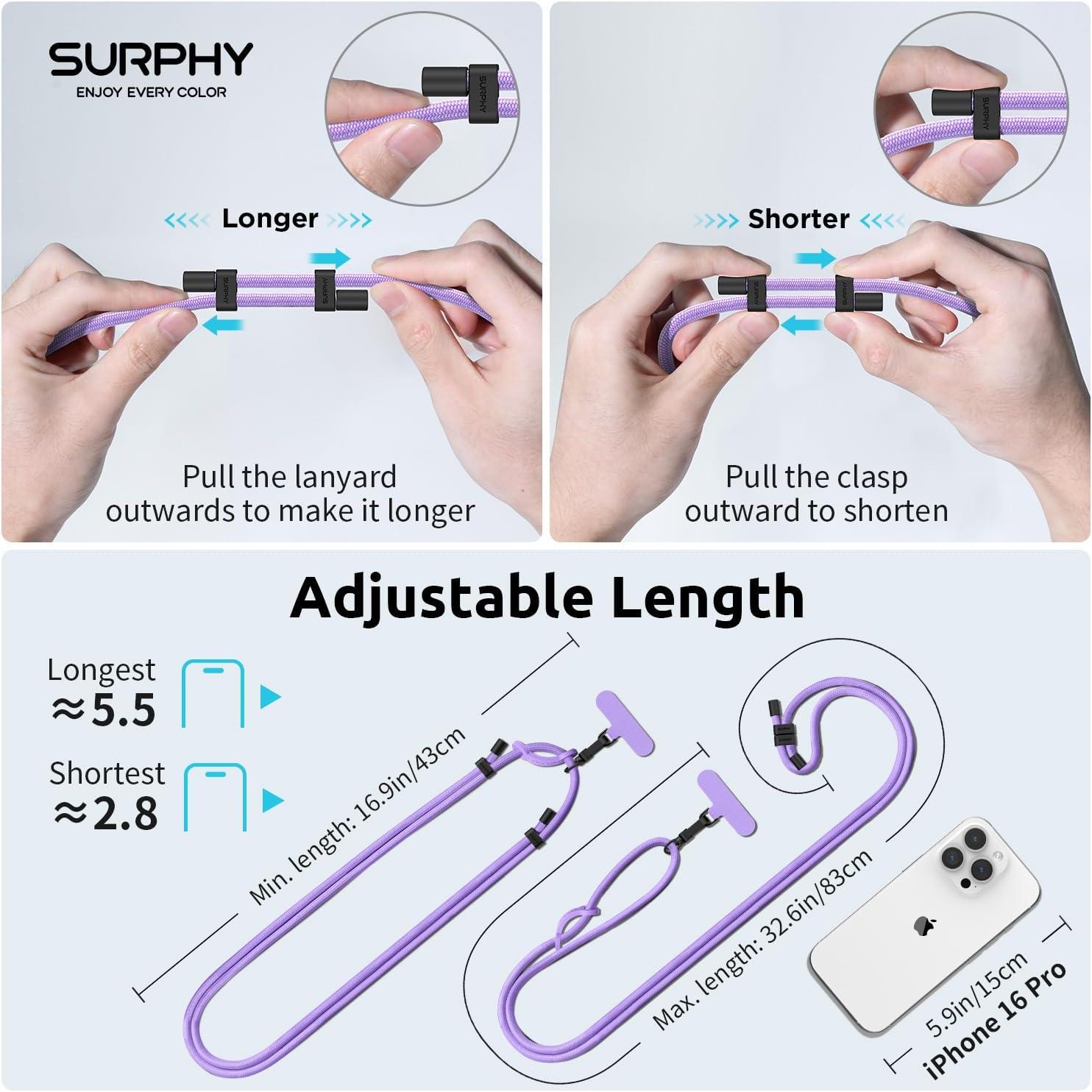 imageSURPHY Phone Lanyard Adjustable Phone Strap Crossbody with 2 Pack Cell Phone Tether Tab Premium Metal Buckles SkinFriendly Universal Cell Phone Lanyard Crossbody for Women and Men BlackPurple