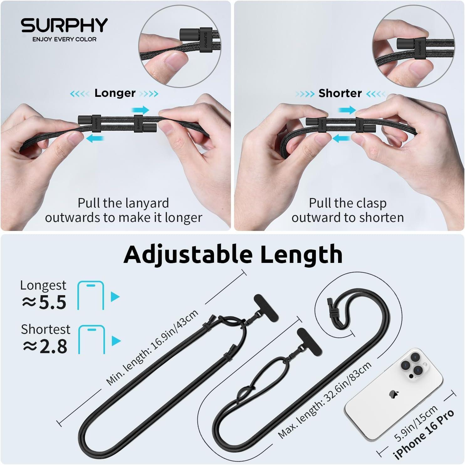 imageSURPHY Phone Lanyard Adjustable Phone Strap Crossbody with 2 Pack Cell Phone Tether Tab Premium Metal Buckles SkinFriendly Universal Cell Phone Lanyard Crossbody for Women and Men BlackBlack