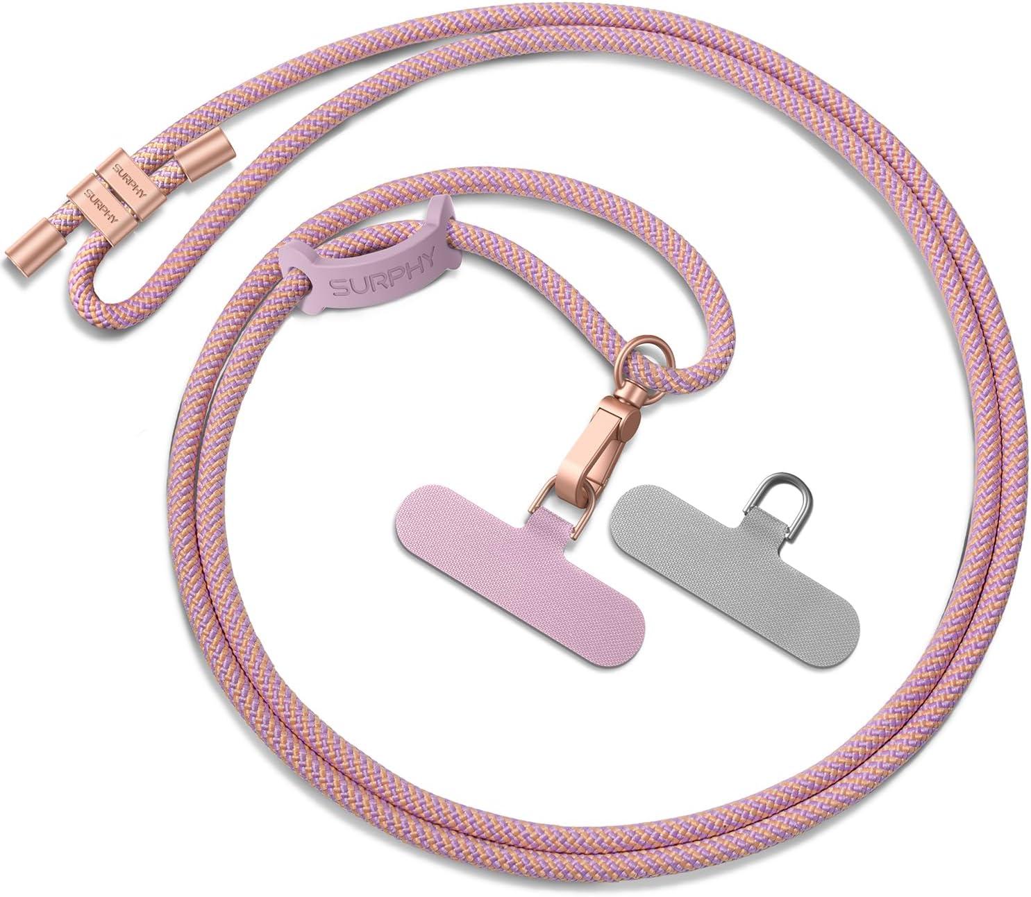 imageSURPHY Phone Lanyard Adjustable Phone Strap Crossbody with 2 Pack Cell Phone Tether Tab Premium Metal Buckles SkinFriendly Universal Cell Phone Lanyard Crossbody for Women and Men BlackPink Purple