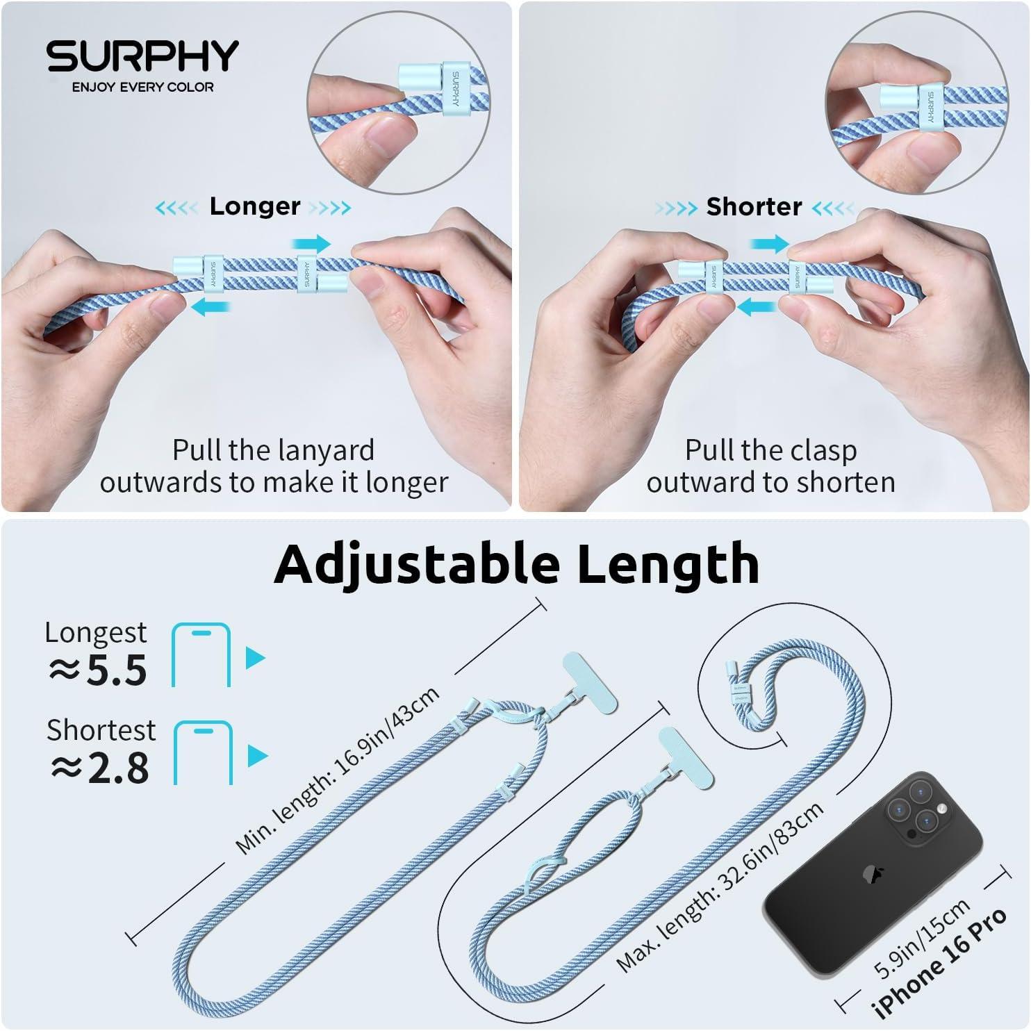 imageSURPHY Phone Lanyard Adjustable Phone Strap Crossbody with 2 Pack Cell Phone Tether Tab Premium Metal Buckles SkinFriendly Universal Cell Phone Lanyard Crossbody for Women and Men BlackDeep Blue Light Blue