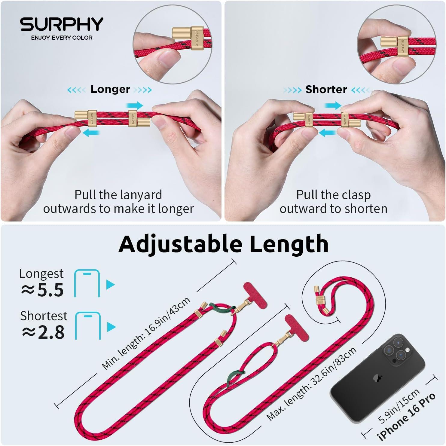 imageSURPHY Phone Lanyard Adjustable Phone Strap Crossbody with 2 Pack Cell Phone Tether Tab Premium Metal Buckles SkinFriendly Universal Cell Phone Lanyard Crossbody for Women and Men BlackChristmas Red