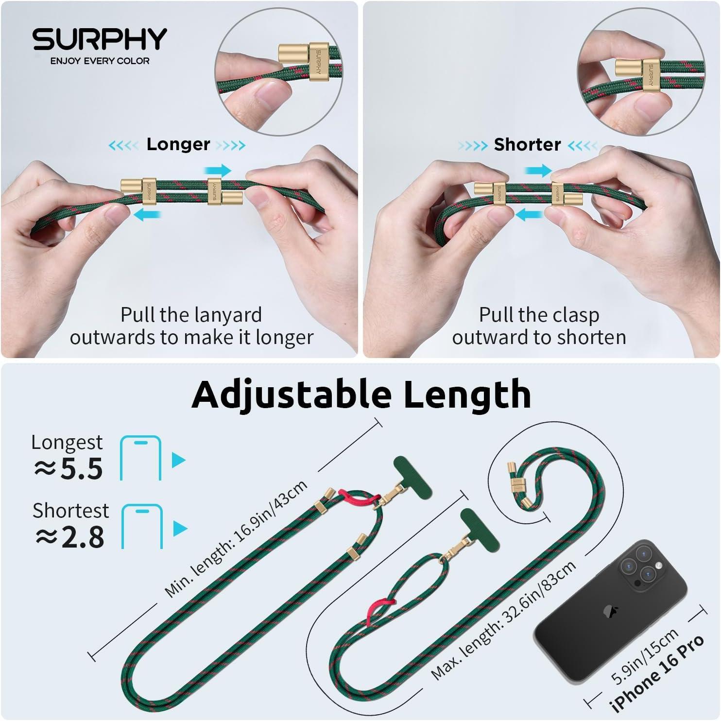 imageSURPHY Phone Lanyard Adjustable Phone Strap Crossbody with 2 Pack Cell Phone Tether Tab Premium Metal Buckles SkinFriendly Universal Cell Phone Lanyard Crossbody for Women and Men BlackChristmas Green
