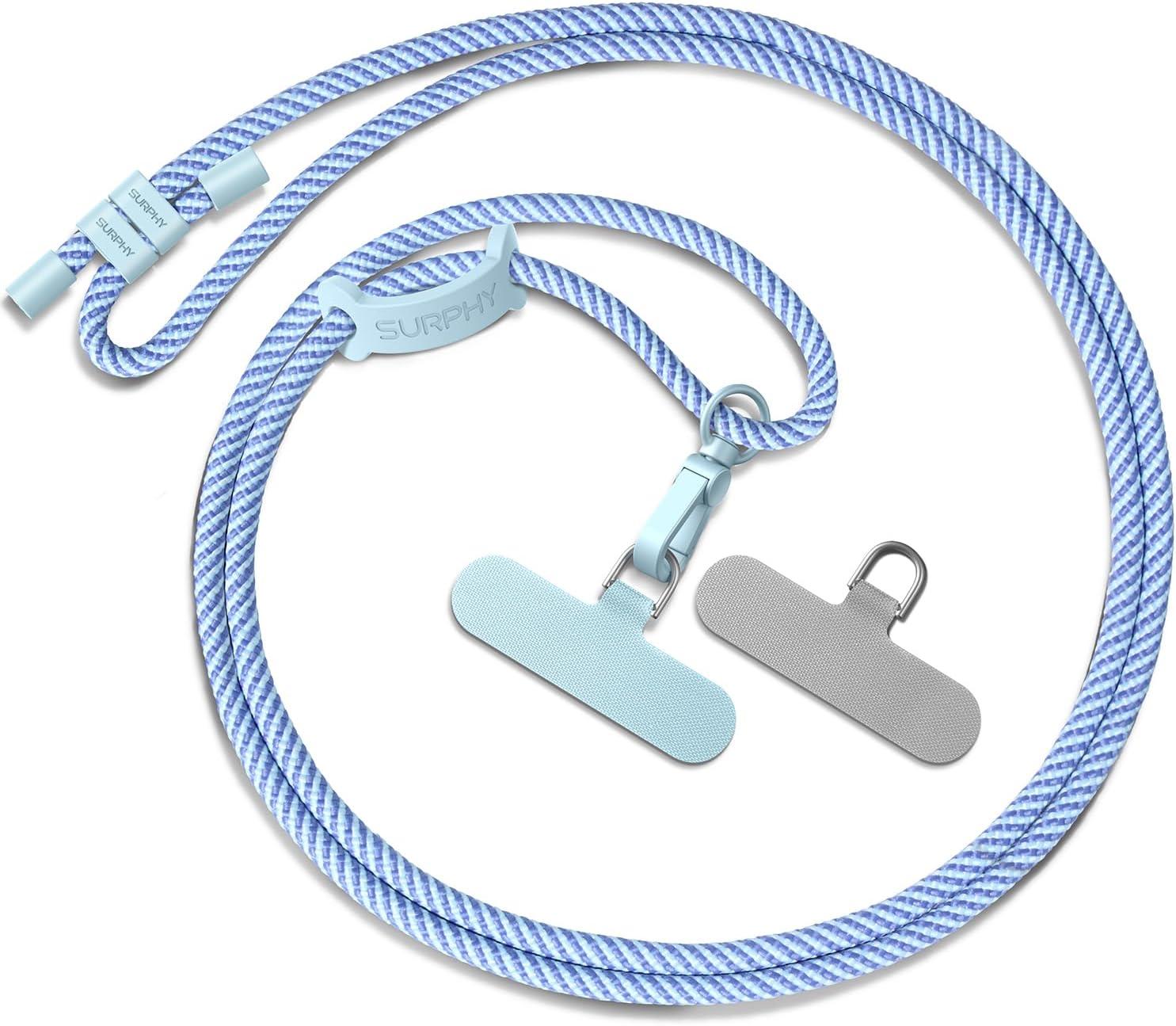 imageSURPHY Phone Lanyard Adjustable Phone Strap Crossbody with 2 Pack Cell Phone Tether Tab Premium Metal Buckles SkinFriendly Universal Cell Phone Lanyard Crossbody for Women and Men BlackDeep Blue Light Blue