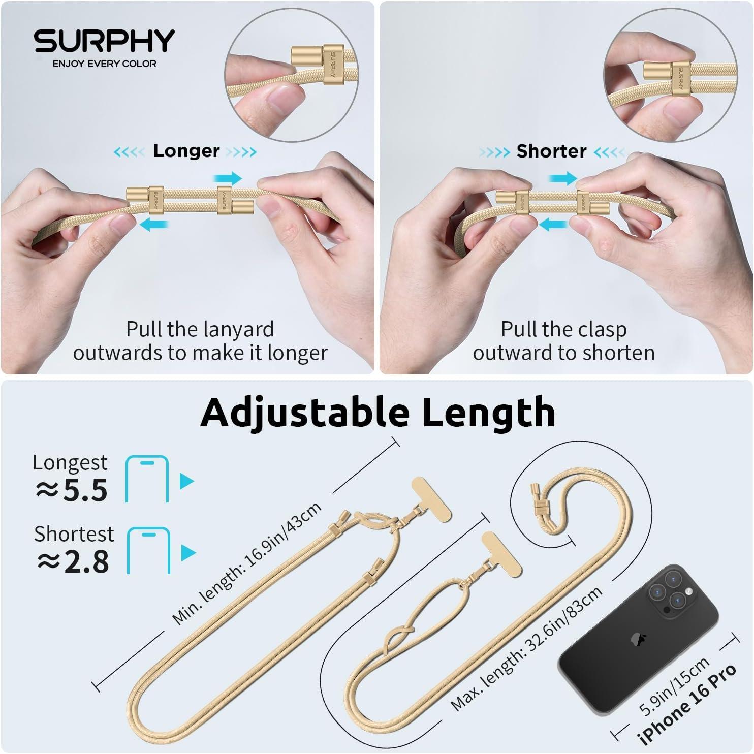 imageSURPHY Phone Lanyard Adjustable Phone Strap Crossbody with 2 Pack Cell Phone Tether Tab Premium Metal Buckles SkinFriendly Universal Cell Phone Lanyard Crossbody for Women and Men BlackKhaki