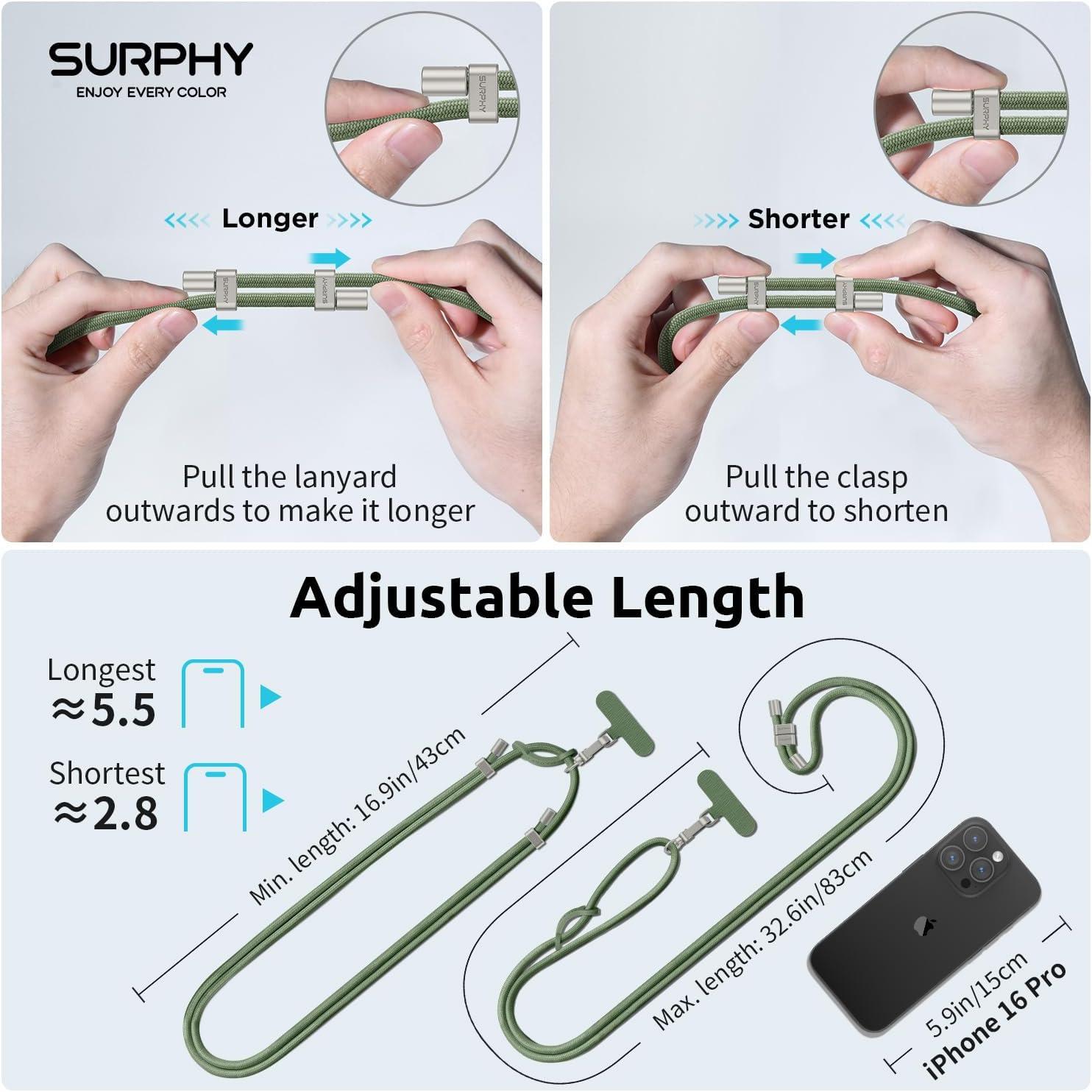 imageSURPHY Phone Lanyard Adjustable Phone Strap Crossbody with 2 Pack Cell Phone Tether Tab Premium Metal Buckles SkinFriendly Universal Cell Phone Lanyard Crossbody for Women and Men BlackArmy Green