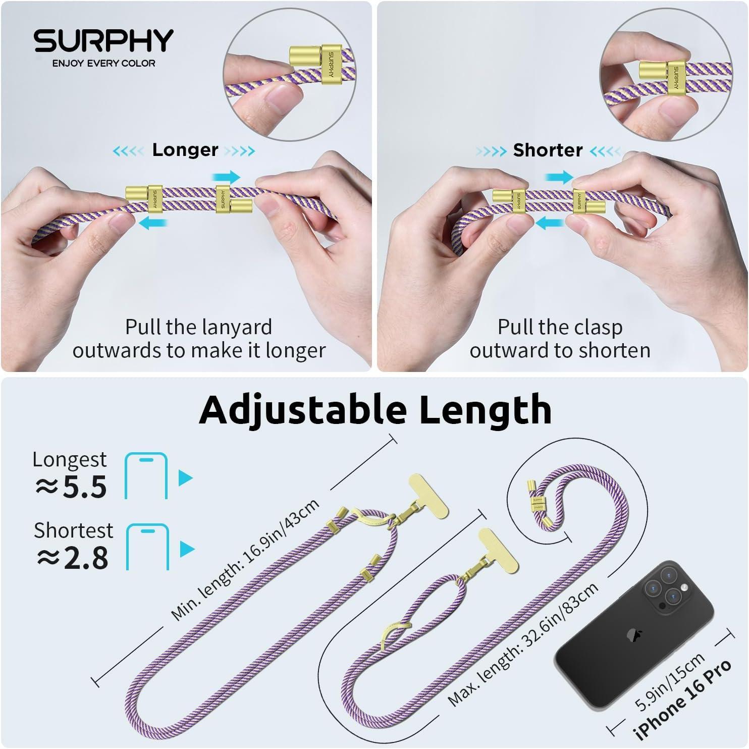 imageSURPHY Phone Lanyard Adjustable Phone Strap Crossbody with 2 Pack Cell Phone Tether Tab Premium Metal Buckles SkinFriendly Universal Cell Phone Lanyard Crossbody for Women and Men BlackPurple Yellow