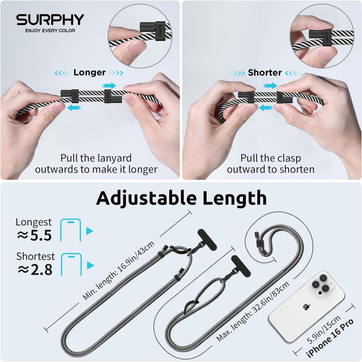 imageSURPHY Phone Lanyard Adjustable Phone Strap Crossbody with 2 Pack Cell Phone Tether Tab Premium Metal Buckles SkinFriendly Universal Cell Phone Lanyard Crossbody for Women and Men BlackBlack White