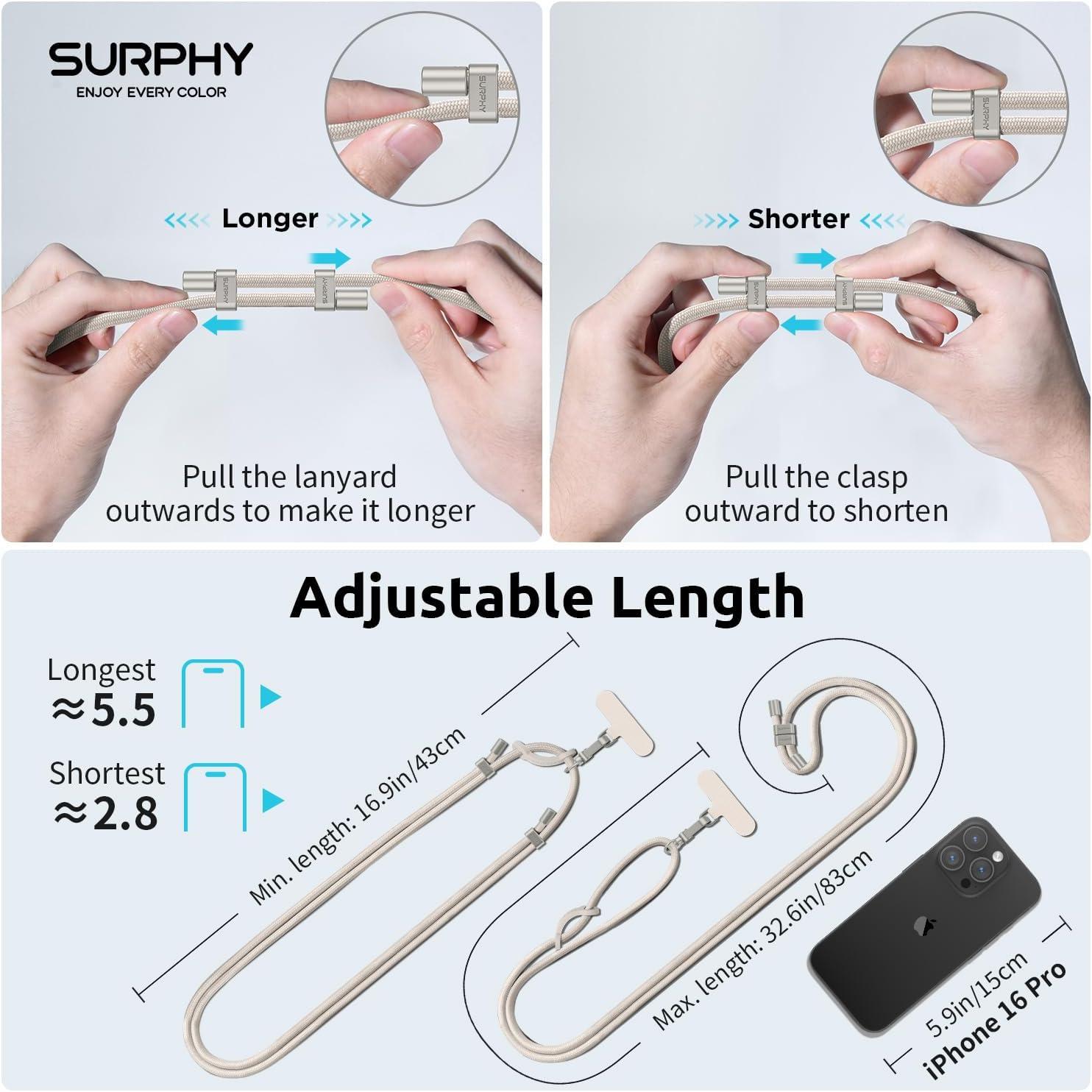 imageSURPHY Phone Lanyard Adjustable Phone Strap Crossbody with 2 Pack Cell Phone Tether Tab Premium Metal Buckles SkinFriendly Universal Cell Phone Lanyard Crossbody for Women and Men BlackStone