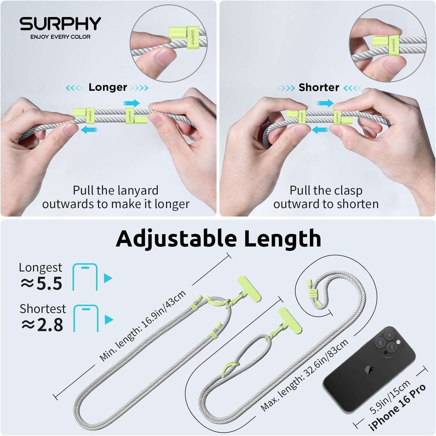 imageSURPHY Phone Lanyard Adjustable Phone Strap Crossbody with 2 Pack Cell Phone Tether Tab Premium Metal Buckles SkinFriendly Universal Cell Phone Lanyard Crossbody for Women and Men BlackGray White