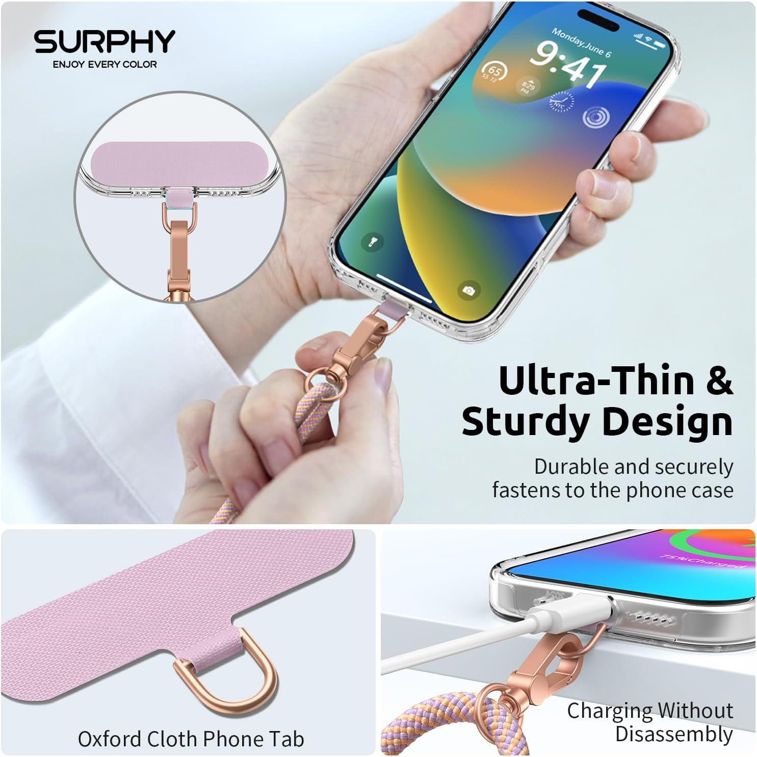 imageSURPHY Phone Lanyard Adjustable Phone Strap Crossbody with 2 Pack Cell Phone Tether Tab Premium Metal Buckles SkinFriendly Universal Cell Phone Lanyard Crossbody for Women and Men BlackPink Purple
