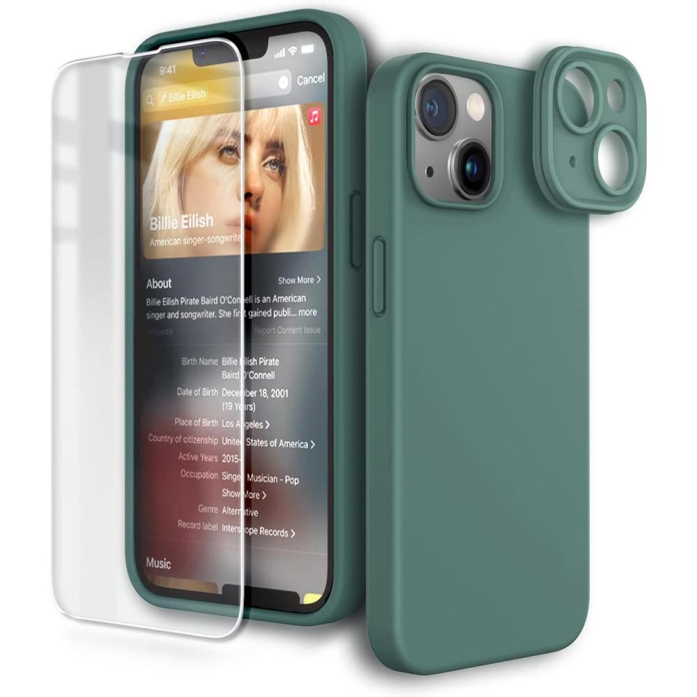 imageSURPHY 3 in 1 Designed for iPhone 13 Case with Screen Protector Hard Camera Protector Liquid Silicone Phone Case with Replaceable Camera Protector Pine GreenPine Green