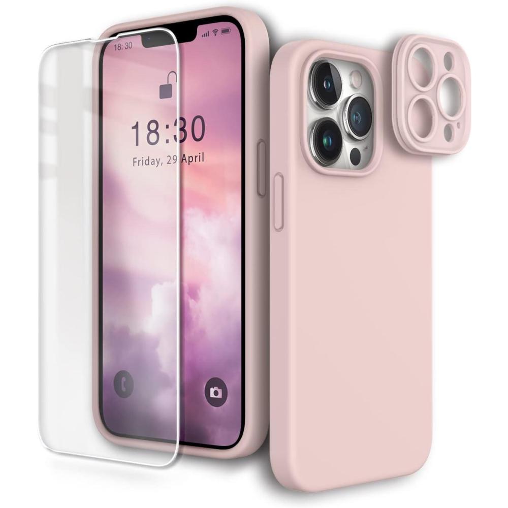 imageSURPHY 3 in 1 Designed for iPhone 13 Pro Case with Screen Protector Hard Camera Protector Liquid Silicone Phone Case with Replaceable Camera Protector Pink Sand