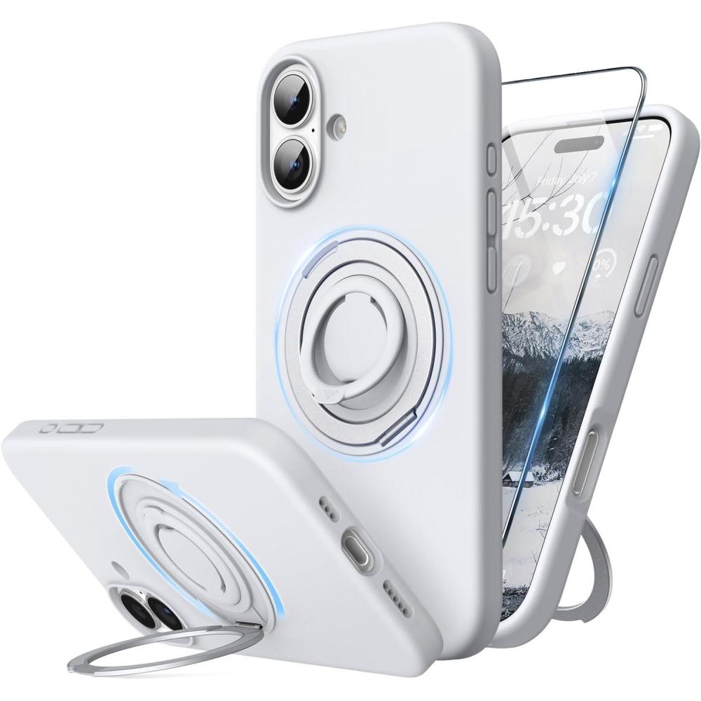 imageSURPHY 360 Magnetic Stand for iPhone 16 Case with Finger Ring Compatible with MagSafe with Screen Protector Ring Stand and Finger Phone Case for 16 61 inch 2024 Frosted BlackWhite Titanium