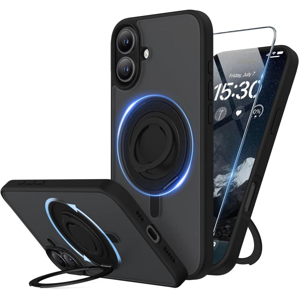 imageSURPHY 360 Magnetic Stand for iPhone 16 Case with Finger Ring Compatible with MagSafe with Screen Protector Ring Stand and Finger Phone Case for 16 61 inch 2024 Frosted BlackFrosted Black