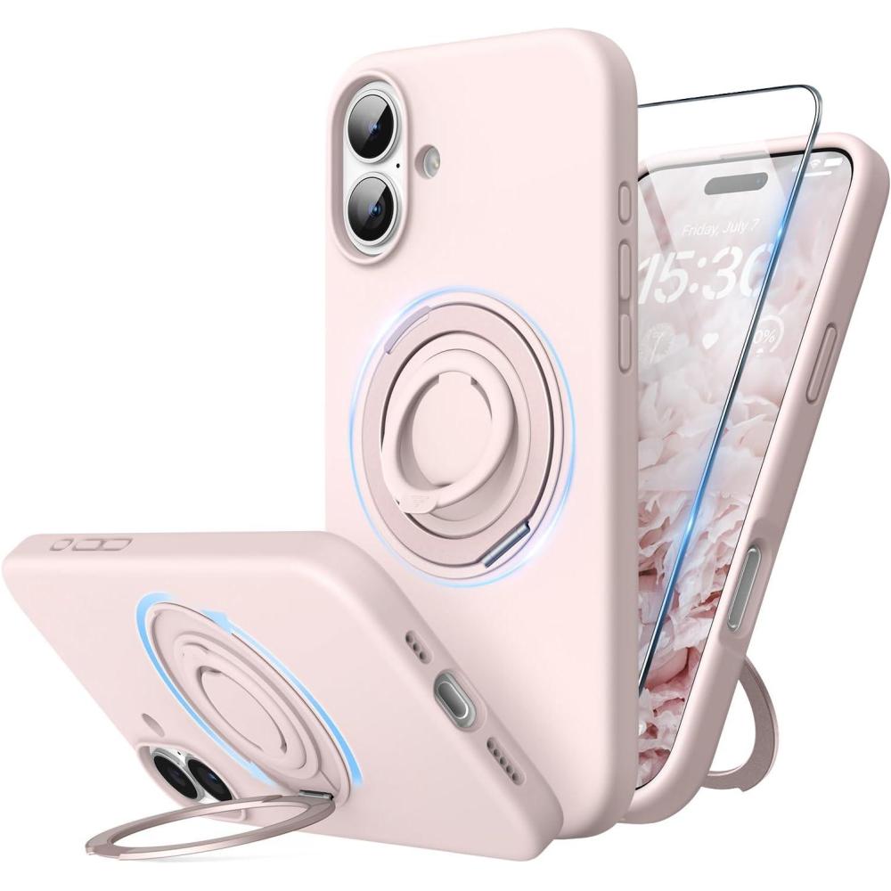 imageSURPHY 360 Magnetic Stand for iPhone 16 Case with Finger Ring Compatible with MagSafe with Screen Protector Ring Stand and Finger Phone Case for 16 61 inch 2024 Frosted BlackLight Pink