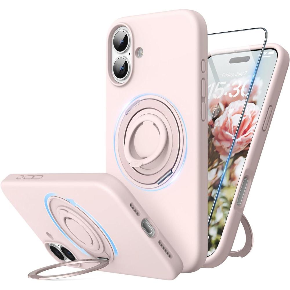 imageSURPHY 360 Magnetic Stand for iPhone 16 Plus Case with Finger Ring Compatible with MagSafe with Screen Protector Ring Stand and Finger Phone Case for 16 Plus 67 inch 2024 Frosted BlackLight Pink