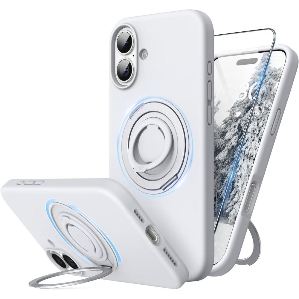 imageSURPHY 360 Magnetic Stand for iPhone 16 Plus Case with Finger Ring Compatible with MagSafe with Screen Protector Ring Stand and Finger Phone Case for 16 Plus 67 inch 2024 Frosted BlackWhite Titanium