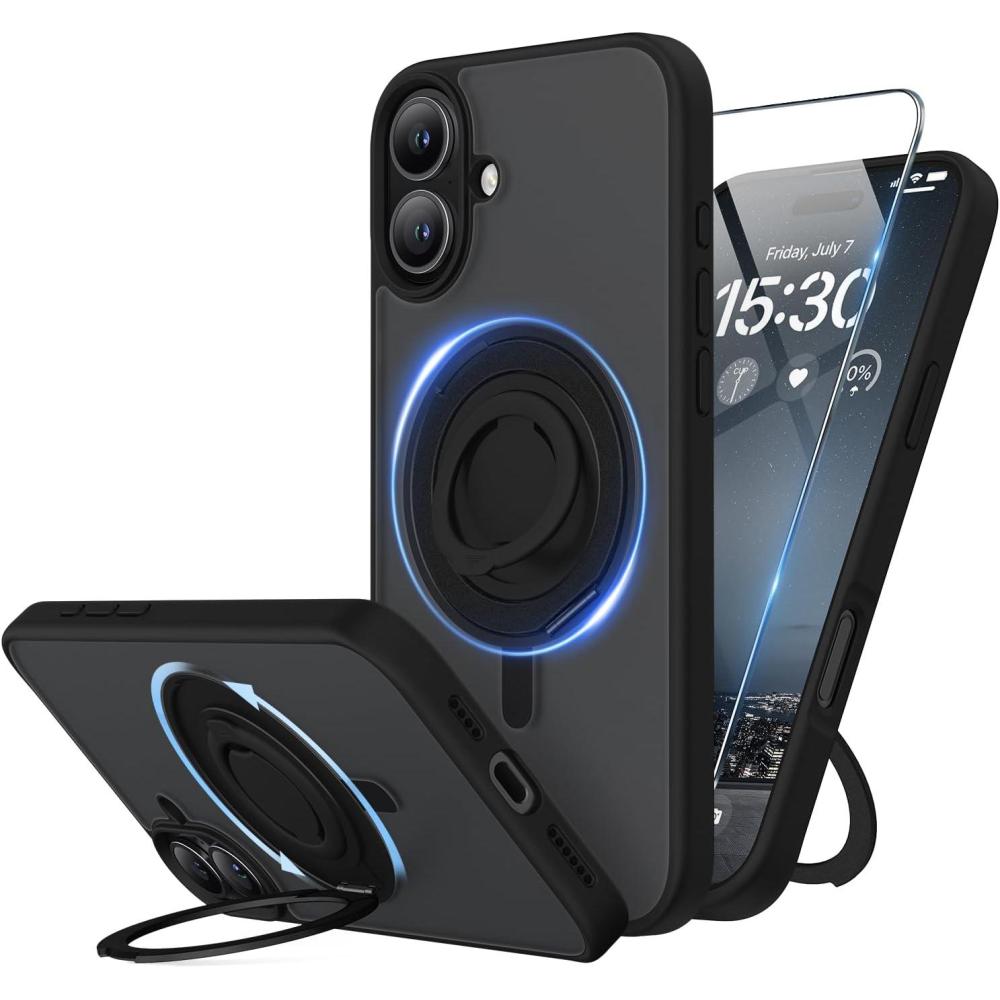 imageSURPHY 360 Magnetic Stand for iPhone 16 Plus Case with Finger Ring Compatible with MagSafe with Screen Protector Ring Stand and Finger Phone Case for 16 Plus 67 inch 2024 Frosted BlackFrosted Black