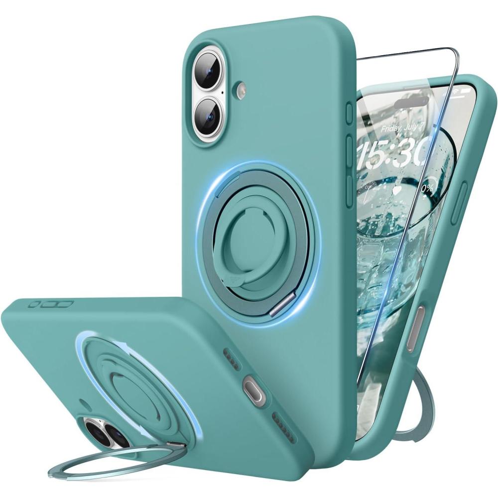 imageSURPHY 360 Magnetic Stand for iPhone 16 Plus Case with Finger Ring Compatible with MagSafe with Screen Protector Ring Stand and Finger Phone Case for 16 Plus 67 inch 2024 Frosted BlackGreen